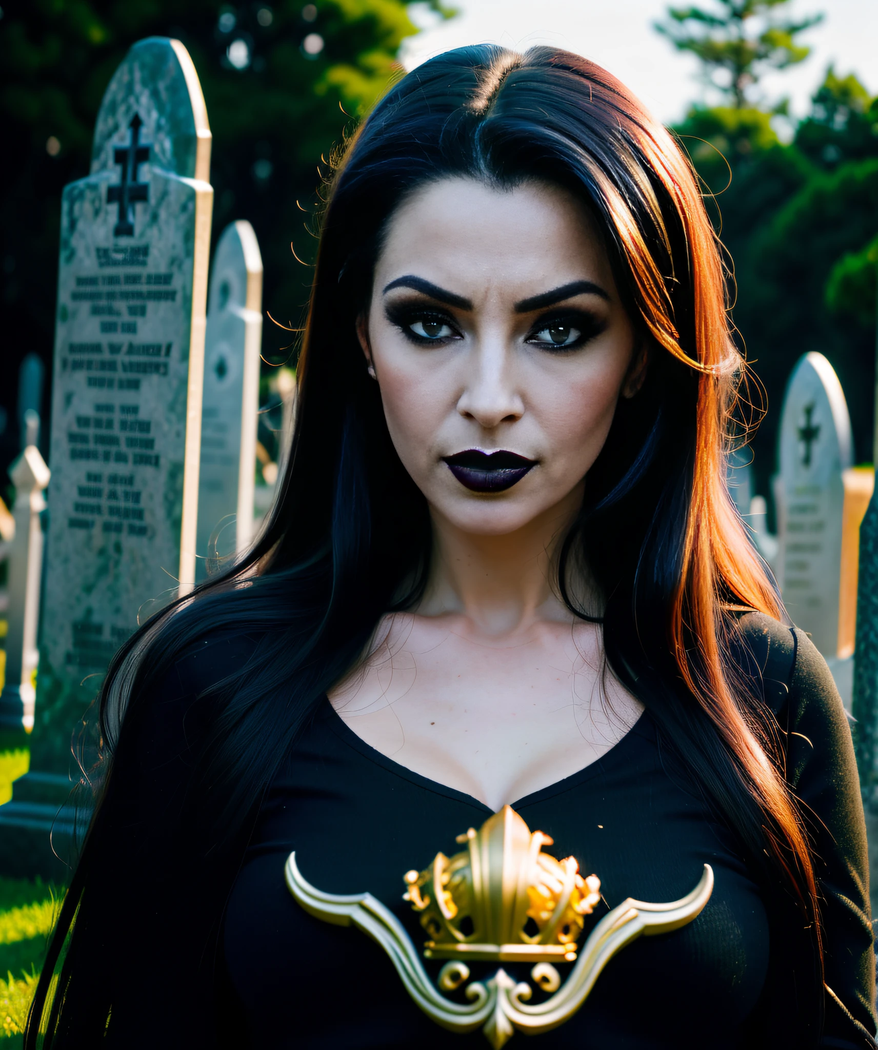 glamorous style, masterpiece, best quality, 8k, art station, sharp focus, super realistic, high details, raw photo Portrait of a woman 40 years old ((angry, pale, black lipstick, deep eyes, sad)) inside a cemetery, golden queen's crown on her head, casting spells for summoning spirits of the dead, storm ((full moon night with storm)), ((sitting on a tombstone)) ,  (medium shot), (((depth of field))):1.8