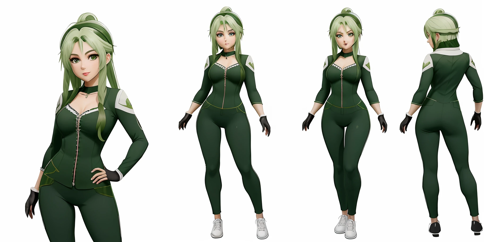 masterpiece:1.6, best quality:1.4, real picture:1.2, intricate details:1.2, charturnerv2:1.2, full body character turnaround of 1lady,
Appearance: babes, thick, green eys, small breast, circle eyes, small ass, long arms, long tongue
Clothing: black and green body suit, thick suit,
Accessories: green gloves,
Hair: long green hair, smooth hair,
Makeup: natural, glowing skin,
(simple background, white background:1.3), multiple views, Multiple views of the same character in the same outfit:1.3.