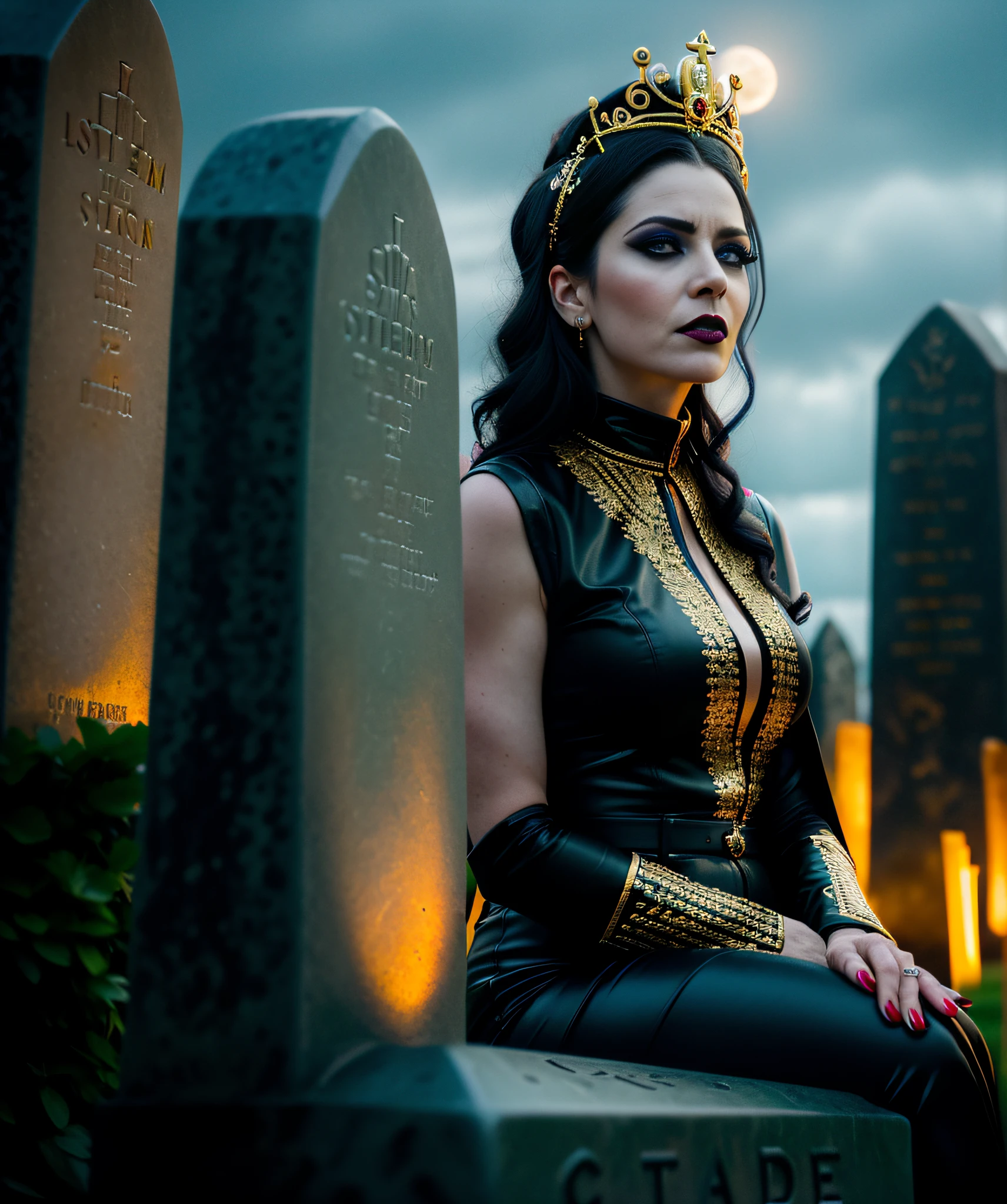 glamorous style, masterpiece, best quality, 8k, art station, sharp focus, super realistic, high details, raw photo Portrait of a woman 40 years old ((angry, pale, black lipstick, deep eyes, sad)) inside a cemetery, golden queen's crown on her head, casting spells for summoning spirits of the dead, storm ((full moon night with storm)), ((sitting on a tombstone)) , (medium shot), (((depth of field))):1.8
