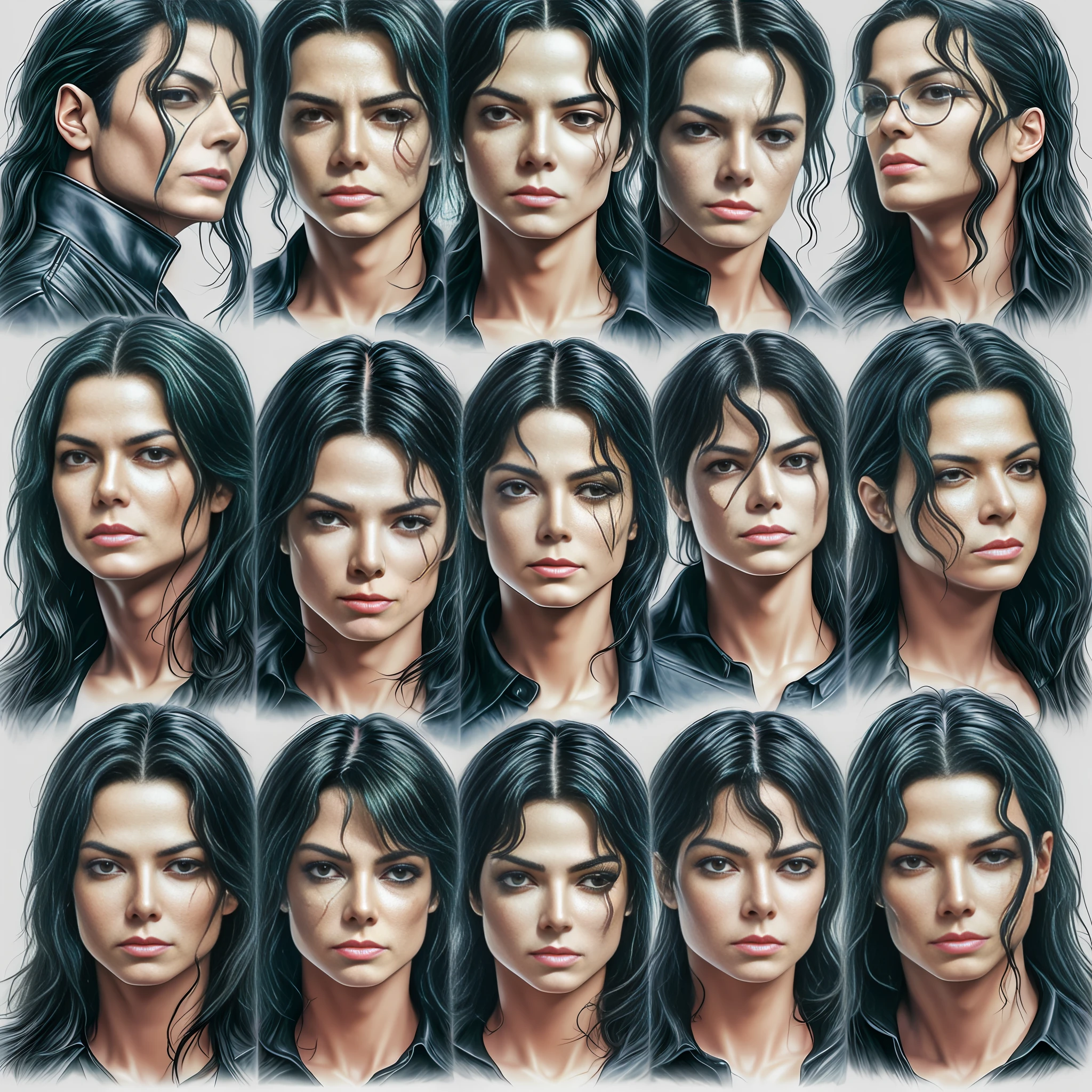 Michael Jackson, matrix of 9 images, transparent background. Happy, fearful, angry, disgusted, crying, sad, sleepy, shy, excited, high quality character design, real skin, ((super detailed))), ((best quality)), (((masterpiece)), high resolution, 8k, anatomically correct, UHD
