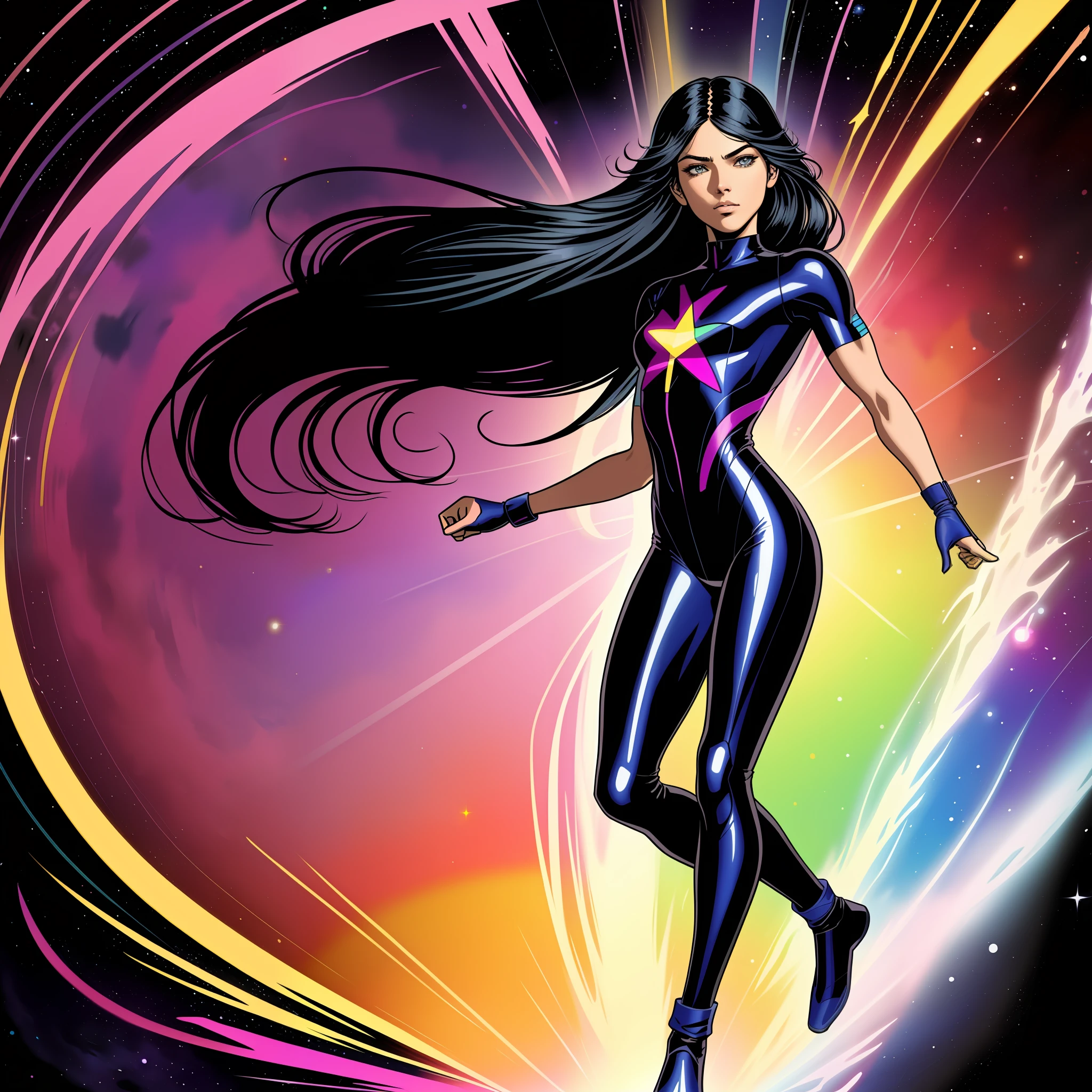 (comic style:1.3), (line art:1.5), (full body),(masterpiece, award winning, best quality:1.3), (flat color:1.3),(colorful:1.3), 1 girl ((solo)), floating in space long black hair (side part), small breasts, , violet spandex catsuit with a chest emblem(rainbow sun) , watercolor painting, by Jim lee, cinematic, masterpiece,, detailed background, detailed material textures, serious, realistic 1.35, muscular 1.2