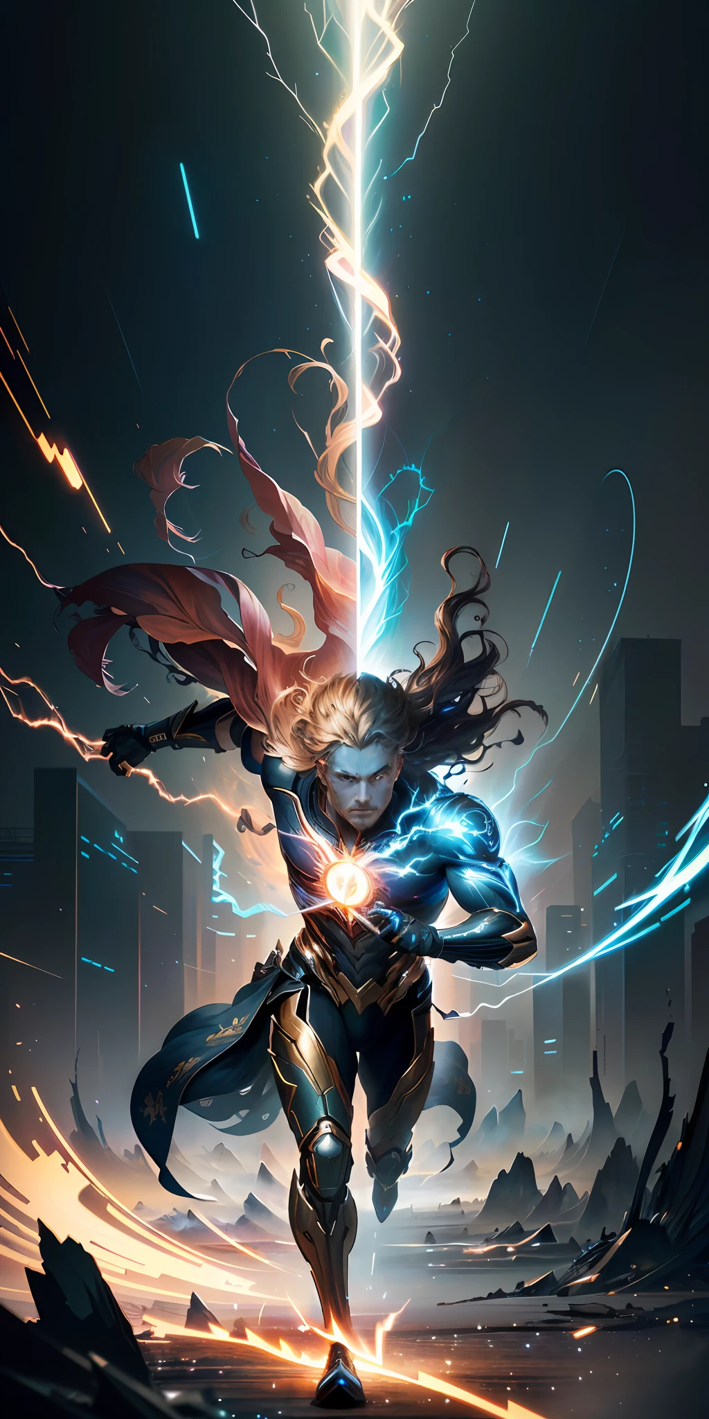 Flash's character running, time and space distortion in his wake, hyper-realistic, ultra-detailed, 8K, speed lines, blurred surroundings, speed force aura, lightning crackles, slow-motion effects, dynamic camera angles, superhero action sceneethereal background, abstract beauty,stand, approaching perfection, pure form, golden ratio, minimalistic, unfinished, concept art, by Brian Froud and Carne Griffiths and Wadim Kashin and John William Waterhouse, intricate details, 8k post production, high resolution, hyperdetailed, trending on artstation, sharp focus, studio photo, intricate details