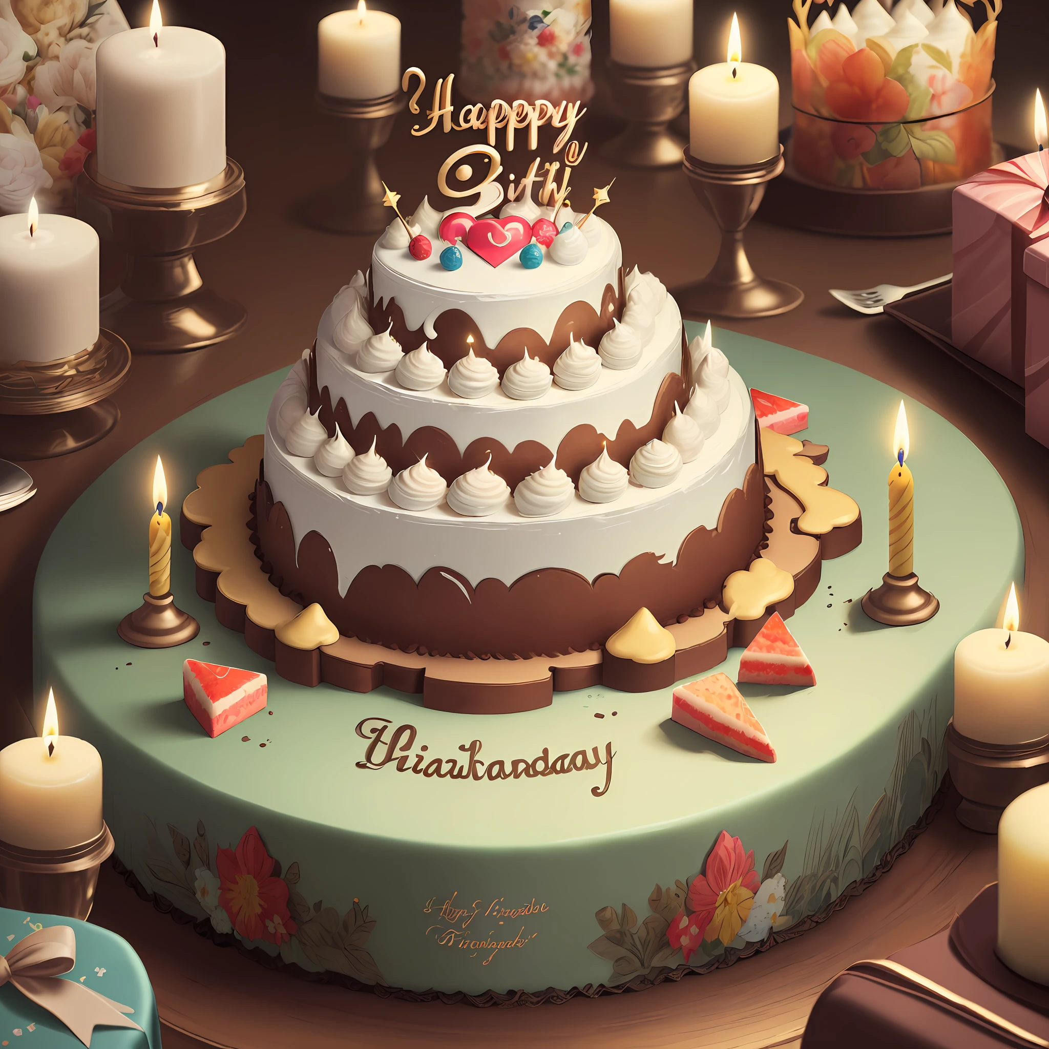 "(((best quality))),(((ultra detailed))),(((masterpiece))),illustration,","Happy Birthday!","celebration","cake","candles","gifts","party","joy","happiness","surprise","fun"