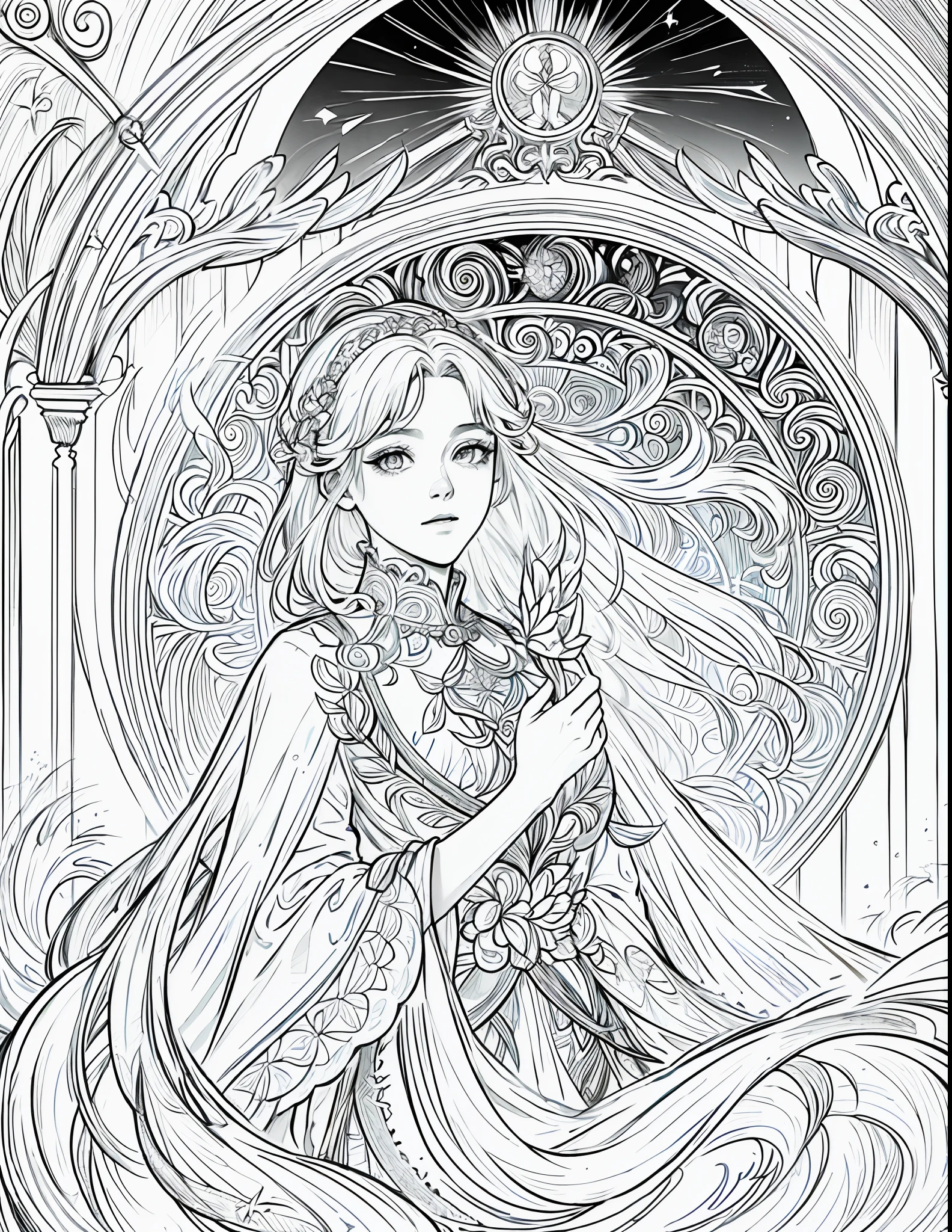 (masterpiece), hres, hight quality, 4k, unity render, 1girl, solo, lineart, (monochrome:1.2),intrincate detailed, orange hair, long hair, (masterpiece, top quality, best quality, official art, beautiful and aesthetic:1.2), (1girl), white gold extreme detailed,colorful,highest detailed, official art, unity 8k wallpaper, ultra detailed, beautiful and aesthetic, leilinggeng,lightning,,Lots of lightning,drawing,lightning elemental energy towards himself,Beautiful girl, photo framed inside a golden window, beautiful, masterpiece, best quality, (zentangle, mandala, tangle, entangle) ,holy light,gold foil,gold leaf art,glitter drawing