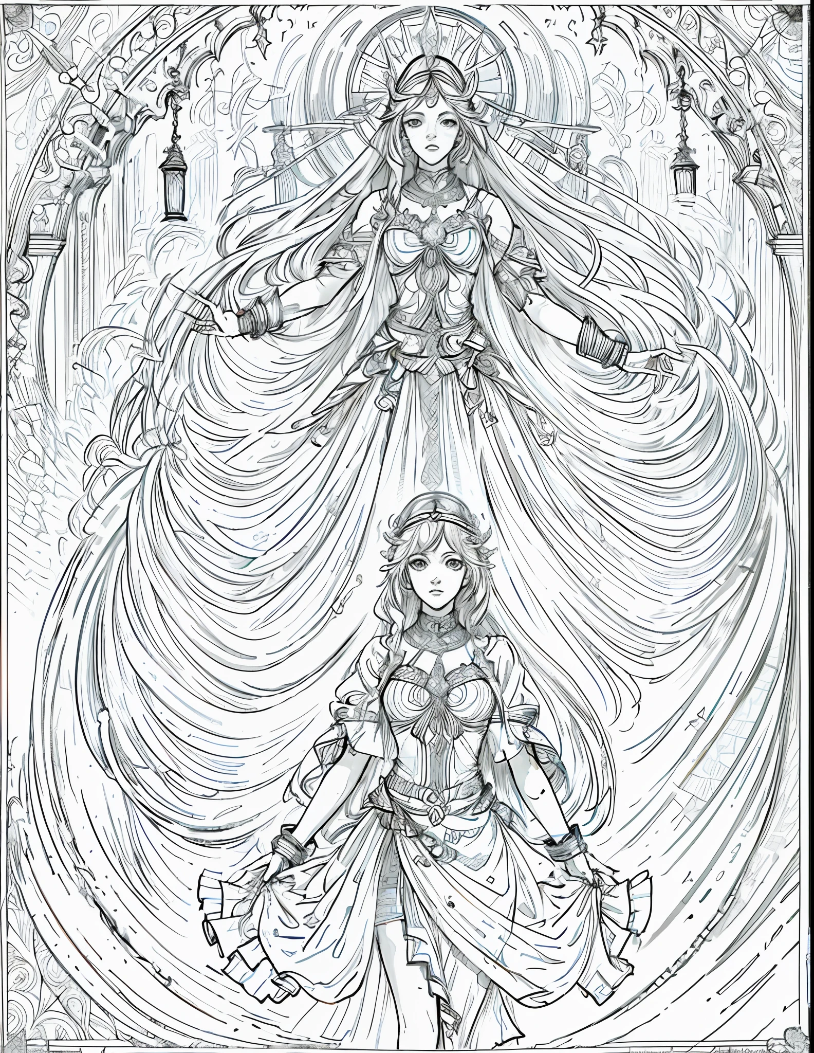 (masterpiece), hres, hight quality, 4k, unity render, 1girl, solo, lineart, (monochrome:1.2),intrincate detailed, orange hair, long hair, (masterpiece, top quality, best quality, official art, beautiful and aesthetic:1.2), (1girl), white gold extreme detailed,colorful,highest detailed, official art, unity 8k wallpaper, ultra detailed, beautiful and aesthetic, leilinggeng,lightning,,Lots of lightning,drawing,lightning elemental energy towards himself,Beautiful girl, photo framed inside a golden window, beautiful, masterpiece, best quality, (zentangle, mandala, tangle, entangle) ,holy light,gold foil,gold leaf art,glitter drawing