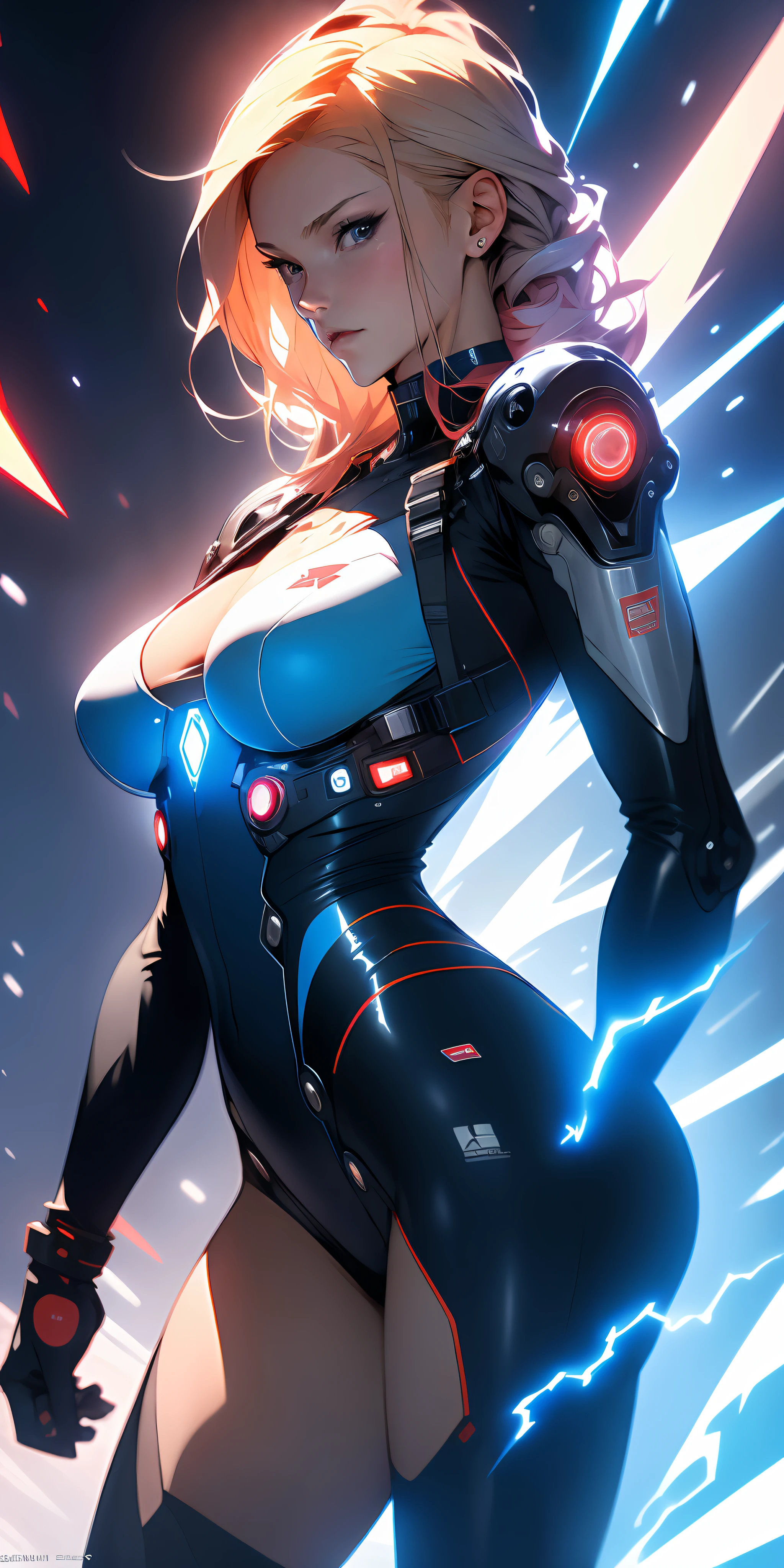 ((Best quality)), ((masterpiece)), (detailed: 1.4), (Absurd), Fighter pilot Caucasian woman blonde hair ready for war, back, perfect ass, defined muscular sculptural body, half-thick bare thighs, closed mouth, only in panties, muscular body covered by technological clothing, Neon Genesis Evangelion style, cyberpunk, generous neckline, ((perfect large breasts)), (blue eyes without pupils), ((very dark blue clothing, red and white)), (((short blonde straight hair misaligned like Lucy from cyberpunk: mercenaries)))), (thin white stripes left blue covering her breasts), (red and white stripes on her arms), (((lightning bolt drawings on her arms)), long manga-style eyelashes, short underwear, garter belt, by mucha, niji --V5, close to real, psychopathic, crazy face, sexy pose, background with a giant Gundam-style Robot head, 2 piece clothing, shoulder pads, airplane wings on the back, pastel, centered, scale to fit dimensions, HDR (High Dynamic Range),Ray Tracing,NVIDIA RTX,Super-Resolution,Unreal 5,Subsurface dispersion, PBR texture, Post-processing, Anisotropic filtering, Depth of field, Maximum clarity and sharpness, Multilayer textures, Albedo and specular maps, Surface shading, Accurate simulation of light-material interaction, Perfect proportions, Octane Render, Two-tone lighting, Wide aperture, Low ISO, White balance, Rule of thirds, 8K RAW, crysisnanosuit