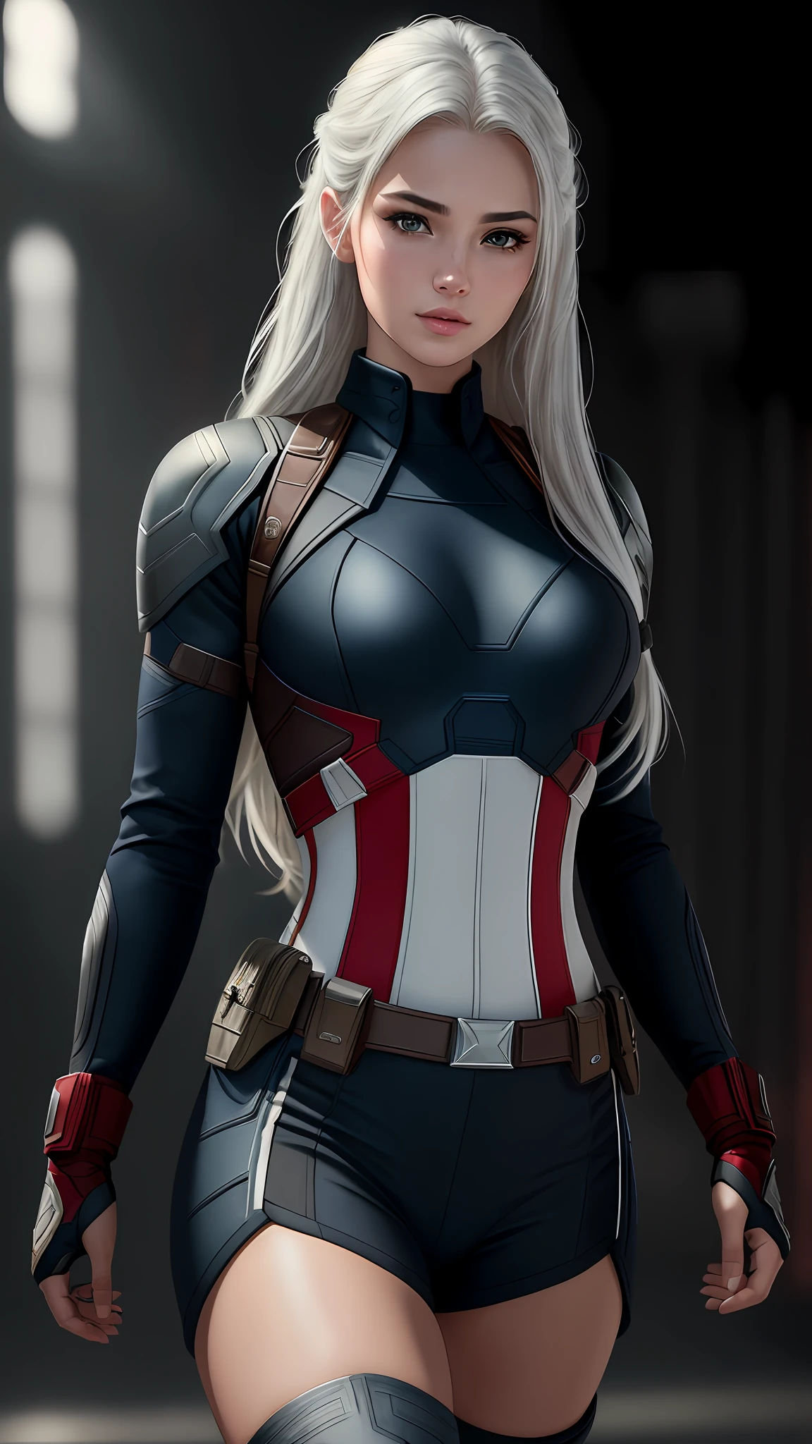 (RAW,, Nikon Z 14mm ultra wide angle lens, award-winning glamorous photography, ((best quality)), ((masterpiece)), ((realistic)), skin pores, subsurface scattering, radiant light rays, high-res, detailed facial features, high detail, sharp, smooth, aesthetic, extremely detailed focus, (extremely detailed eyes, extremely detailed iris), extremely detailed hair, extremely detailed skin, extremely detailed clothing, octane rendering, photorealistic, realistic, post-processing, maximum detail, realistic shadows, roughness, natural skin texture, real life, ultra-realistic, photorealism, photography, 8k UHD, photography, hdr, intricate, elegant, highly detailed, sharp focus, impressive, gorgeous, gorgeous), Beautiful and realistic 18-year-old girl as Captain America of Marvel, makeup, full body visible, white hair, realistic skin, photorealistic, athletic body, realistic, cinematic photo, (8k CG unit wallpaper extremely detailed), trend in ArtStation, trend in CGSociety, High details, Sharp focus, dramatic, beautiful background, full footage, high quality, (beautiful face), (detailed face), detailed hands, beautiful hands