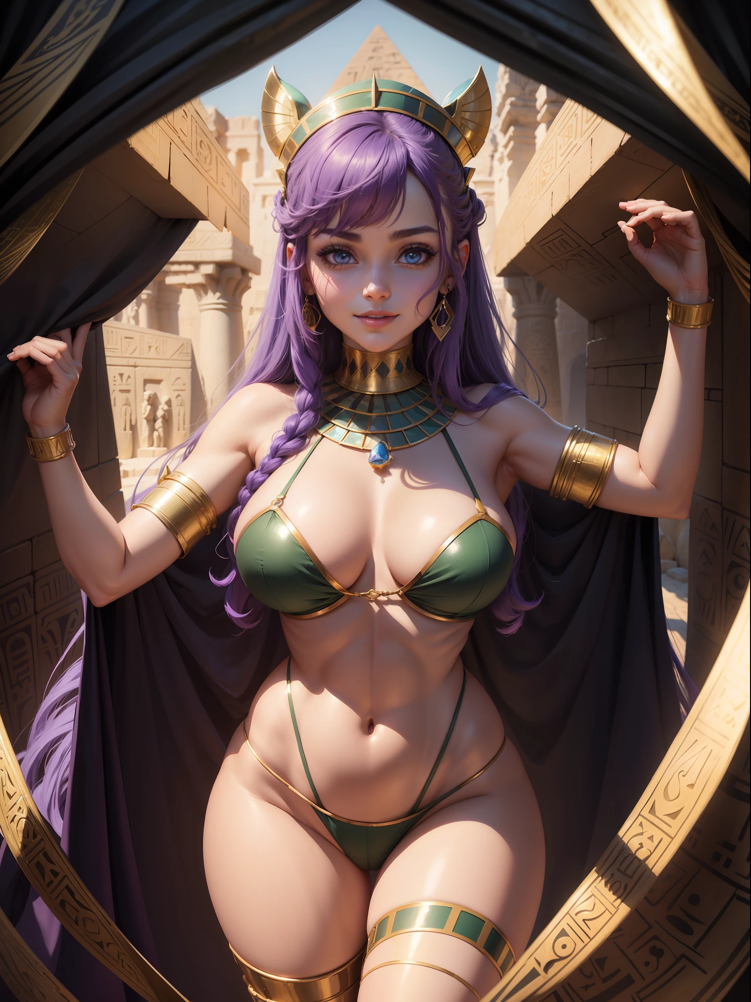Full body photo, Saria has big breasts, maid scratching on the head with Egyptian costume all wrapped up like a mummy, extremely tight on the body, she is inside a pyramid with several sarcophagi, she has purple hair, blue eyes, is looking at viewer, smiling, face flushed, Futurism, 16k, UHD, retina, masterpiece, ccurate, anatomically correct, best quality, high quality, textured skin