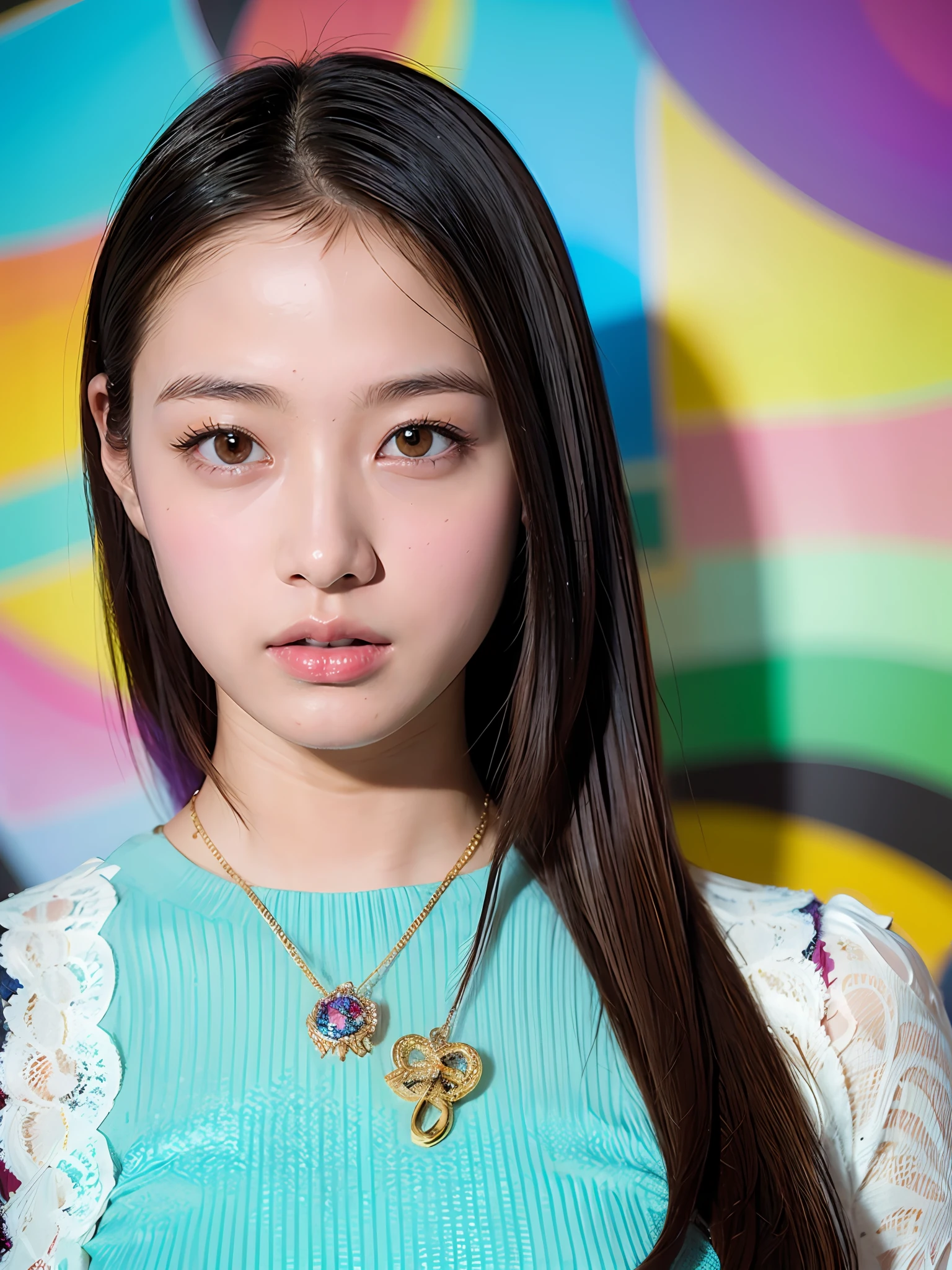 18 year old girl with perfect face and big breasts, right hand and hair, cute clothes, slim and slender physique. The skin has detailed and highly detailed eyes (1.1 emphasis), very detailed skin texture (1.1 emphasis). slender necklace, model photo style, photorealistic, skin texture is real human skin texture, detailed skin pores, intricate details, eyes very detailed, colorful hair and colorful dress, rossdraws pastel vivid, artgerm colorful!!!、! Dream Art Germ, Highly Detailed Art Germ