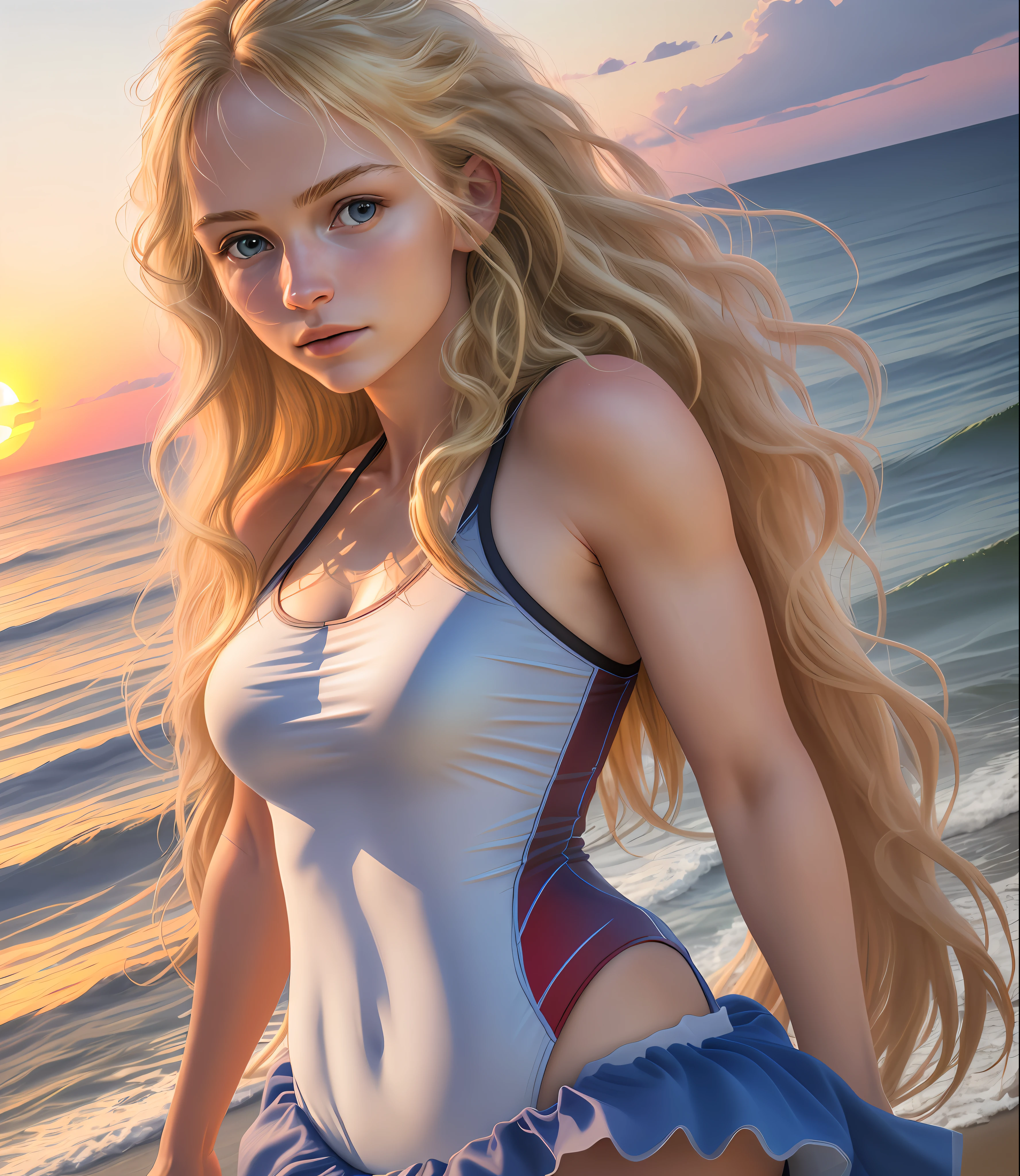 [:(detailed face:1.2):0.2], raw photo, (masterpiece), (best quality), highres, (realistic, photo-realistic:1.2), ultra detailed, physically-based rendering, 1girl,upper body, air bangs, sunset, long hair, ((blonde hair)), wavy hair,  bare shoulders, swimsuit, seaside, nordic
