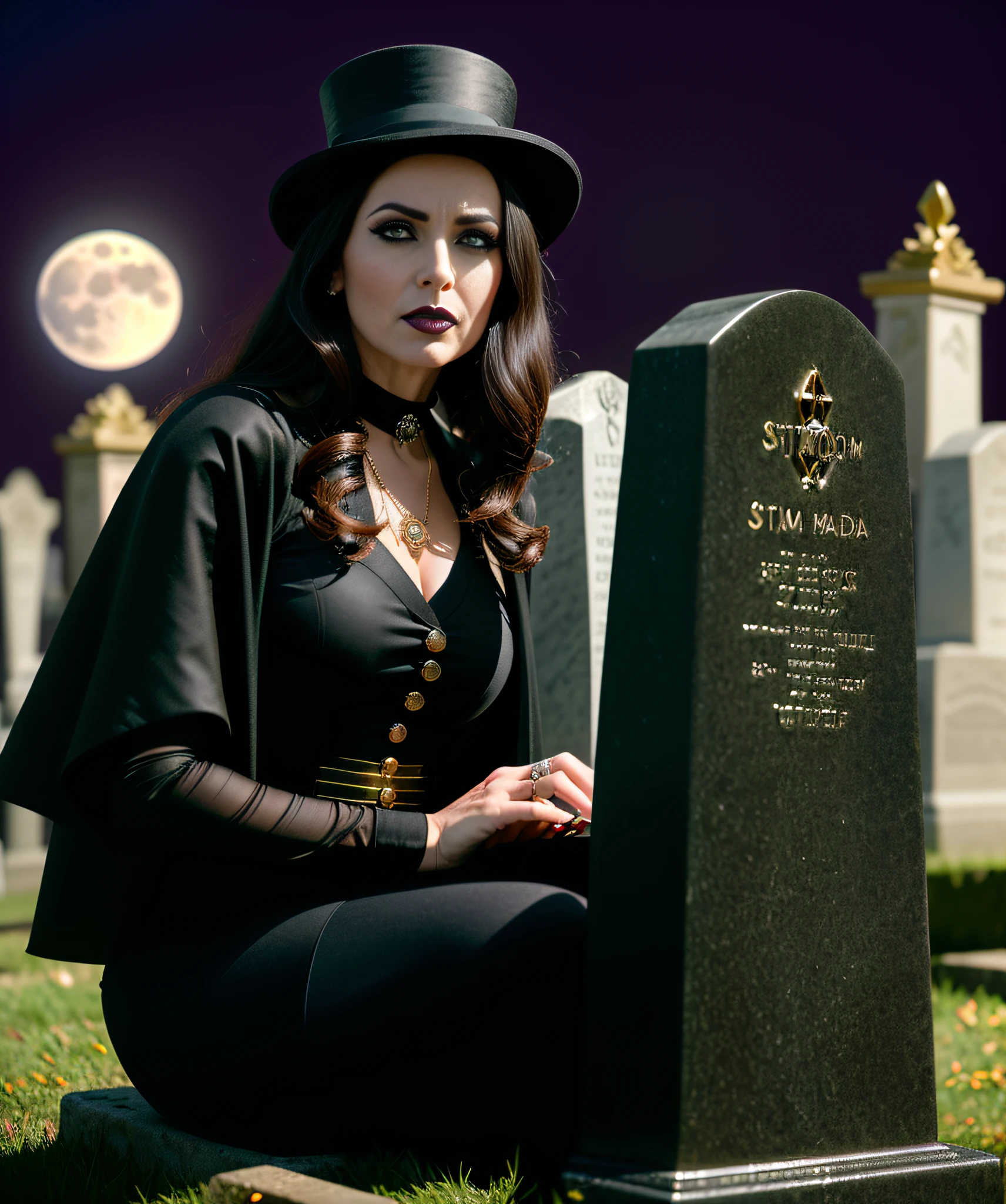 glamorous style, masterpiece, best quality, 8k, art station, sharp focus, super realistic, high details, raw photo Portrait of a woman 40 years old ((angry, pale, black lipstick, deep eyes, sad)) next to a tall handsome man in top hat and black cape,inside a cemetery, golden queen's crown on his head, casting spells for summoning spirits of the dead, storm ((full moon night with storm)), ((sitting on a tombstone)) , (medium shot), (((depth of field))):1.8