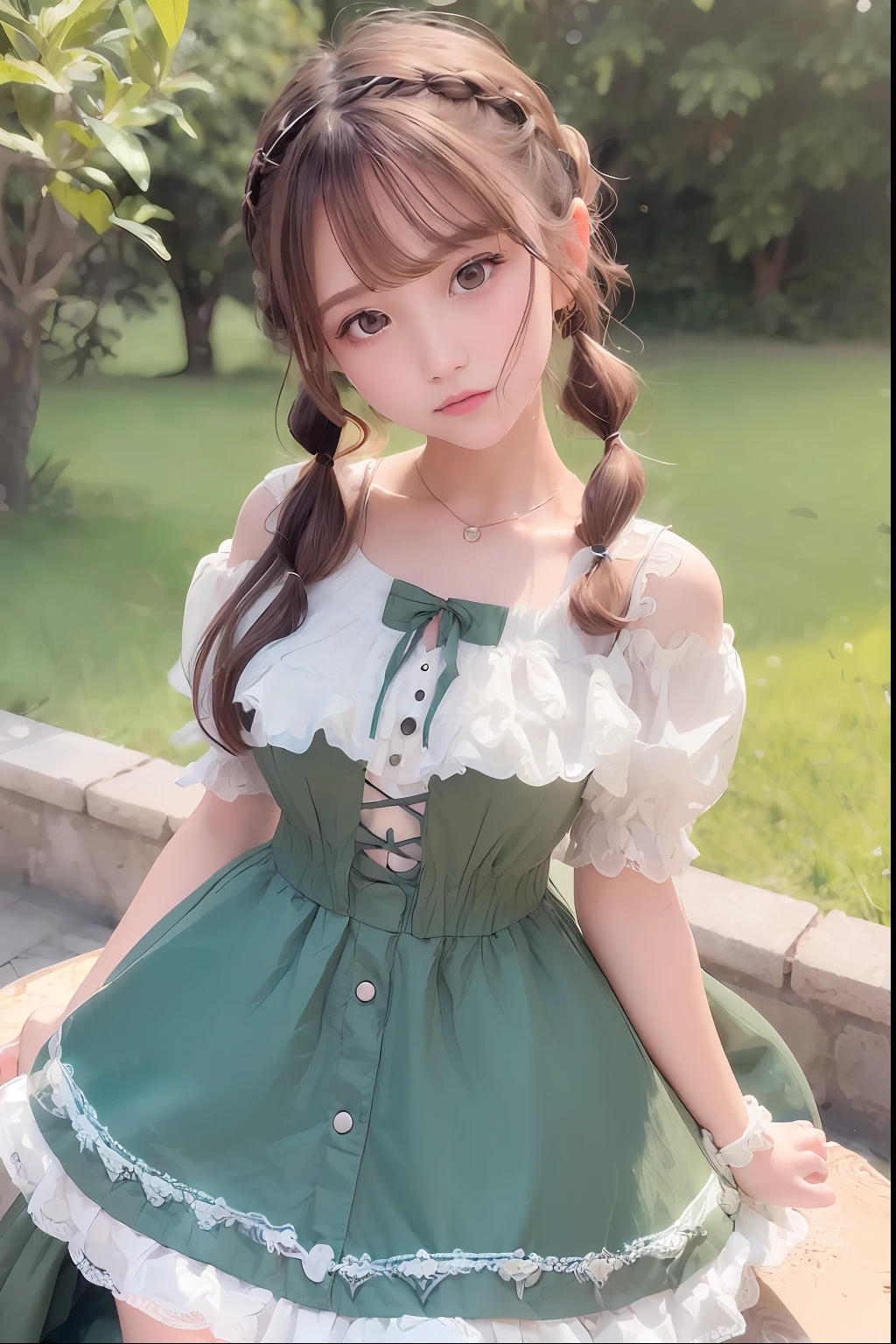 ((top quality, 8k, Masterpiece, photorealistic , 35mm lens, f/0.8, amazing cute perfect figure :1.4)), natural-light, ((flat chest :0.6)), (white Gothic dress :1.2),:1.2,circlet on head, hair ribbon, (outside the castle background:1.2), Highly detailed face and skin texture:1.2, (Detailed dark green eyes:1.2), super detailed skin, double eyelid, shiny skin:1.2, Blushing, high-fidelity bangs, very brilliant light brown twin tail hair, sit, head tilt, looking at viewer,