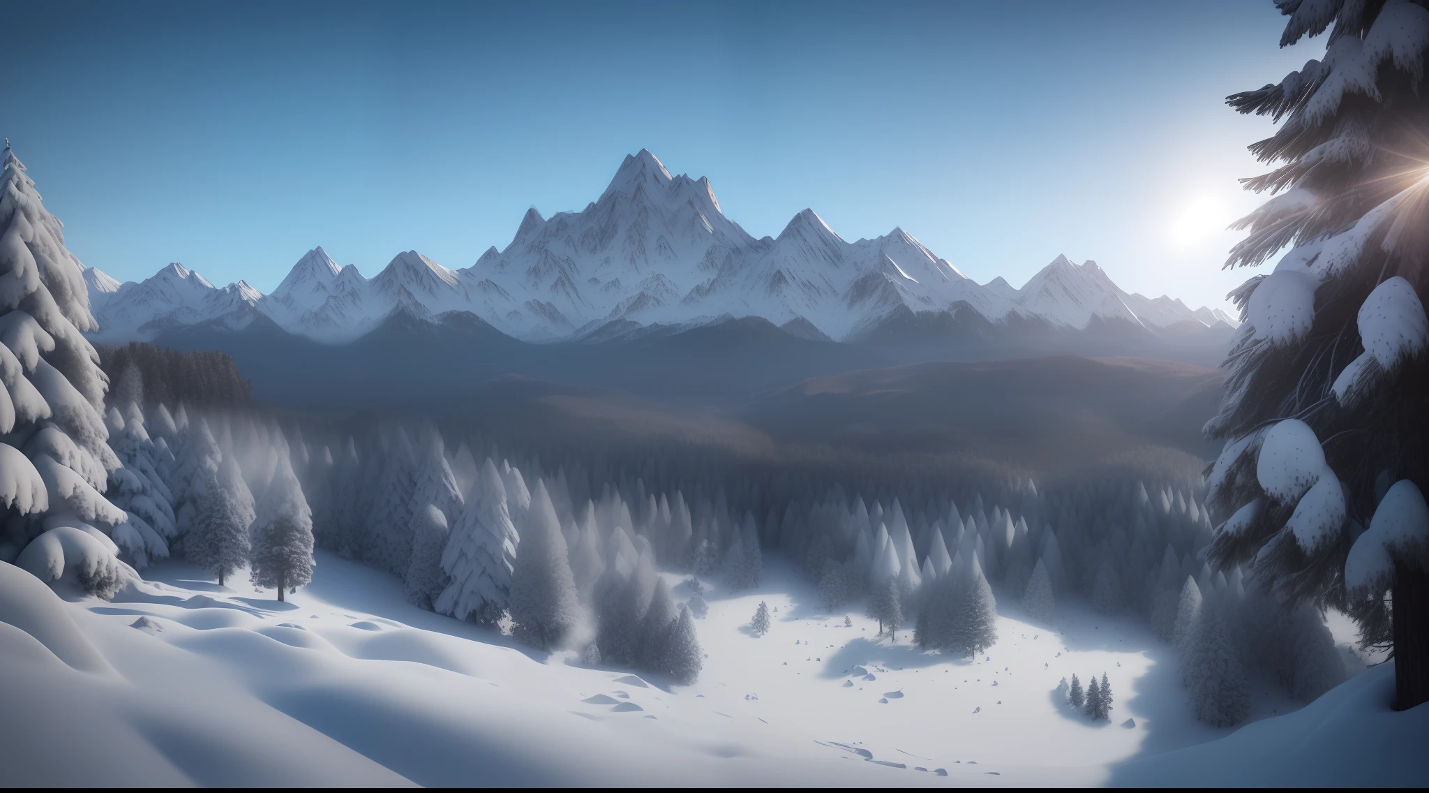 landscape of a mountain valley, ((pines at the foot of the mountains)), ((snow on the peak of the mountains)), cinematic, 8k, detailed, realistic, octane render, (((intricate details)), hdr, ((intricate details, hyperdetailed)), photorealistic, ultrarealistic, realistic shadows, realistic lighting