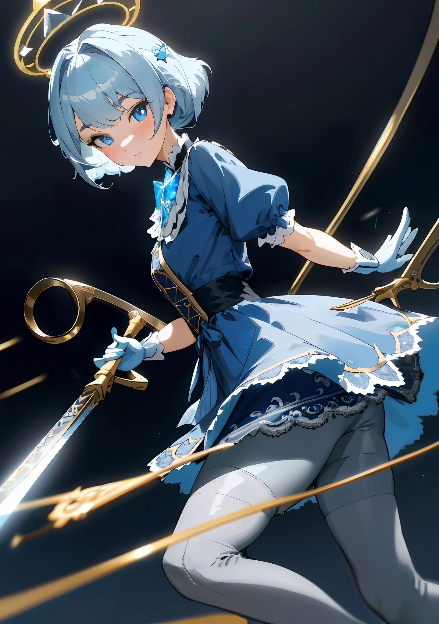 Main colors: blue, large elevation angle, elevation angle, scenery under skirt, candid shot, shy expression, gray leggings at the bottom of the skirt, extremely beautiful, glowing skin, studio lighting, 8k, (Super detailed skin details: 1.3), super detailed eyes, huge lace, gorgeous decoration, ta skirt decoration, cute Gwen wearing a blue double-tailed wig, wearing a Victorian blue and black Loliress with gold lines, a princess dress with a gorgeous tailor-made bow, wearing black thigh-exposed stockings with stitching, gray stockings, her pupils are button-shaped, emitting a blue halo, and her weapon is a huge crystal scissors that emits a light blue light.
