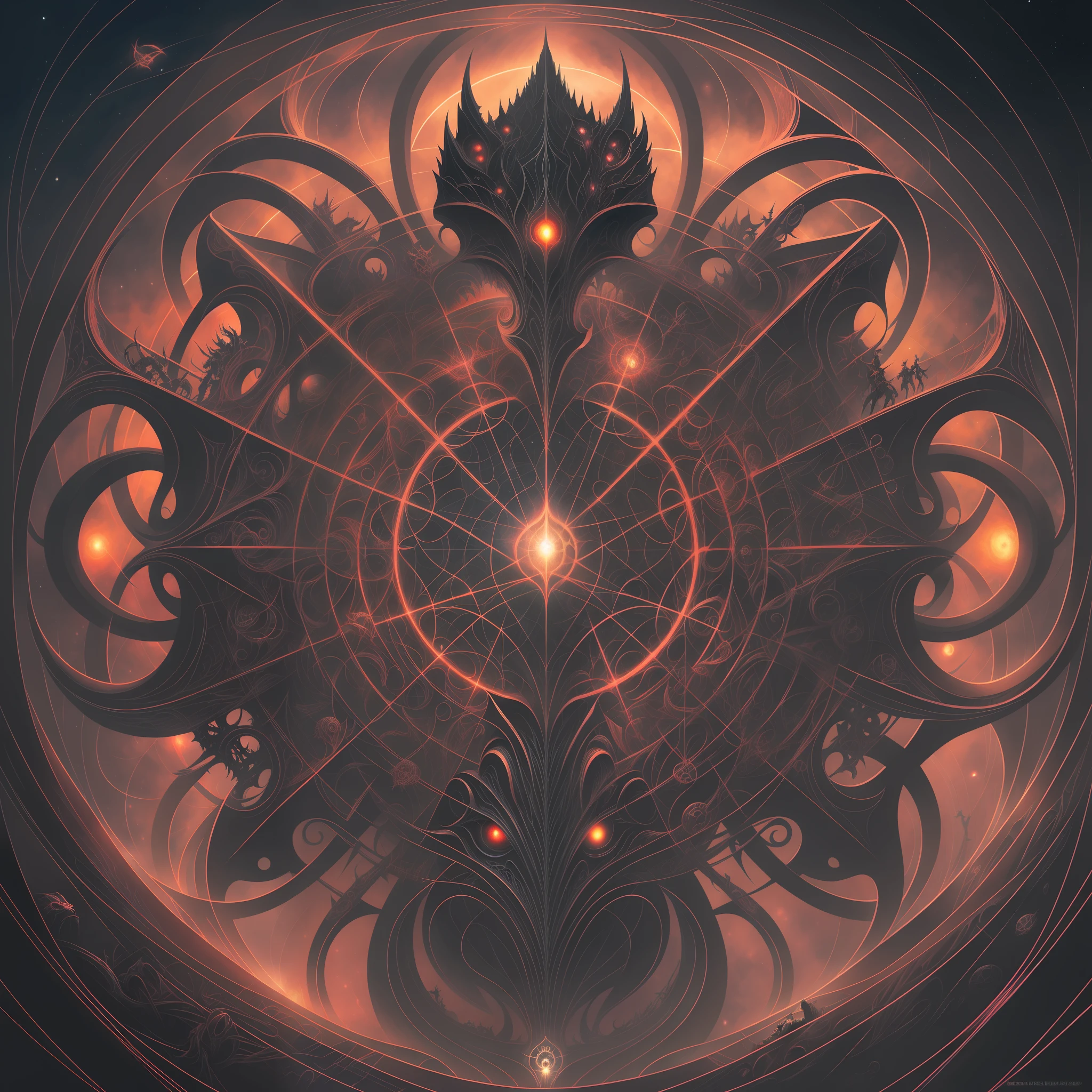 An association of biomorphic biomechanical satanic humanoid Gods whos bodies are made from the entire cosmos are gathered together in contemplation of the whole of all, style Dan Seagrave, digital painting, color drawing, sketch color drawing, horror art, dark colors