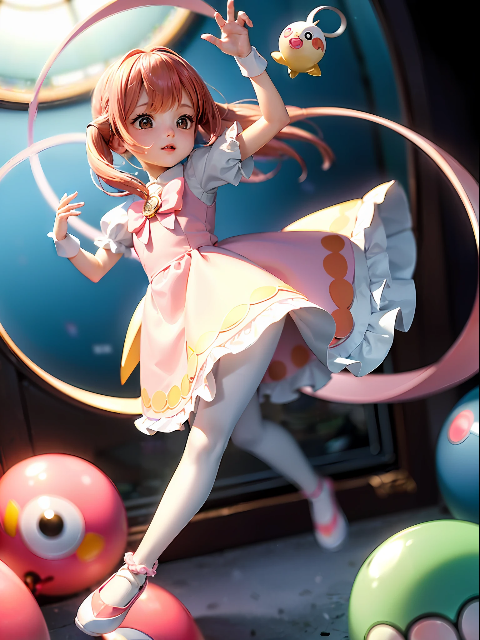 Circular image, (Masterpiece: 1.3), (Highest Quality: 1.2), (Masterpiece), High Quality, High Definition, (SOLO: 1.4), (Round image)), (Fisheye)), [(White background: 1.1): 5], [(Colorful Toy Store: 1): 5], 6-year-old girl, floating, [(Magical Girl Cosplay, Magical Cane: 1.2): 5] {1 Girl}, {Solo}, (((Full body)), {{{5 fingers only}} }, ((Good Anatomy: 1.2)), ((Pink)) Twin Tail Hair (pink and (White)), Pantyhose, Watch Viewer, From above, Fairytale, lots of big stuffed animals, (((Round window)), ((Accompanied by a white Pokemon-style pet))