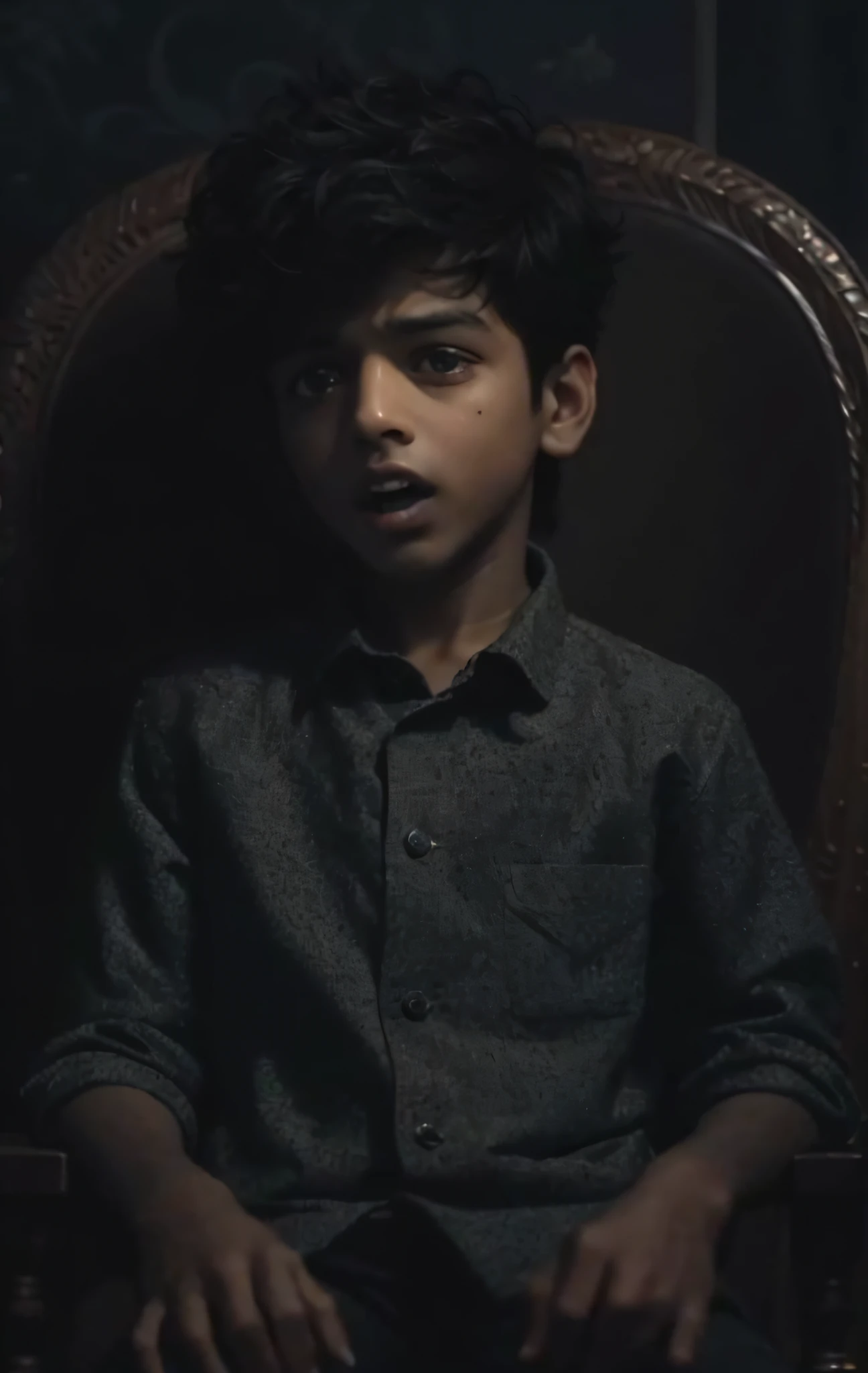 a close up of a young boy sitting in a chair with a surprised look on his face, jayison devadas, still from a music video, jayison devadas style, ayan nag, still from a movie, highly detailed vfx portrait, a still of an ethereal, cinematic shoot, award winning cinematic still, arham horror, still frame from a movie