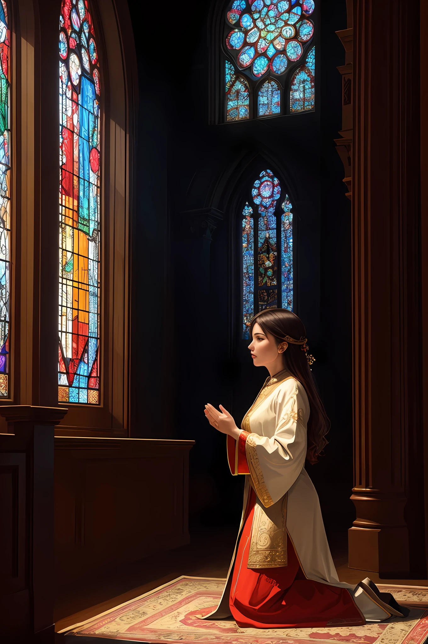 (Masterpiece, Best Quality, Best Quality, Official Art, Beautiful and Aesthetic: 1.2), (Woman in her 40s kneeling in prayer: 1.3), 1Female BREAK Stained glass art, colored glass, lead line, light transmittance BREAK Vivid colors, intricate design, luminous effects, spiritual atmosphere, very detailed faces, clear hands, (scenes that look very small from a distance), (lower hands: 1.3)