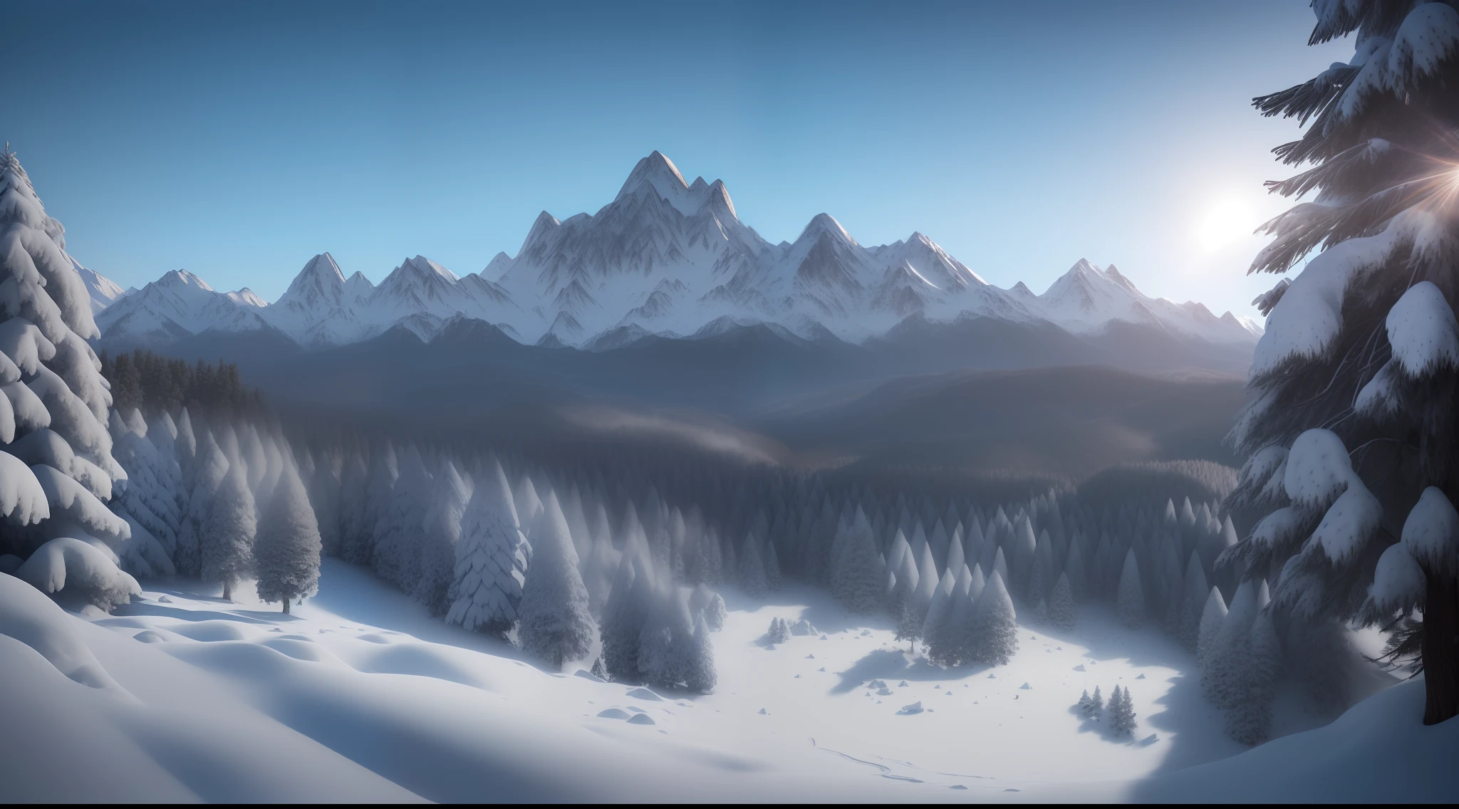 landscape of a mountain valley, ((pines at the foot of the mountains)), ((snow on the peak of the mountains)), cinematic, 8k, detailed, realistic, octane render, (((intricate details)), hdr, ((intricate details, hyperdetailed)), photorealistic, ultrarealistic, realistic shadows, realistic lighting