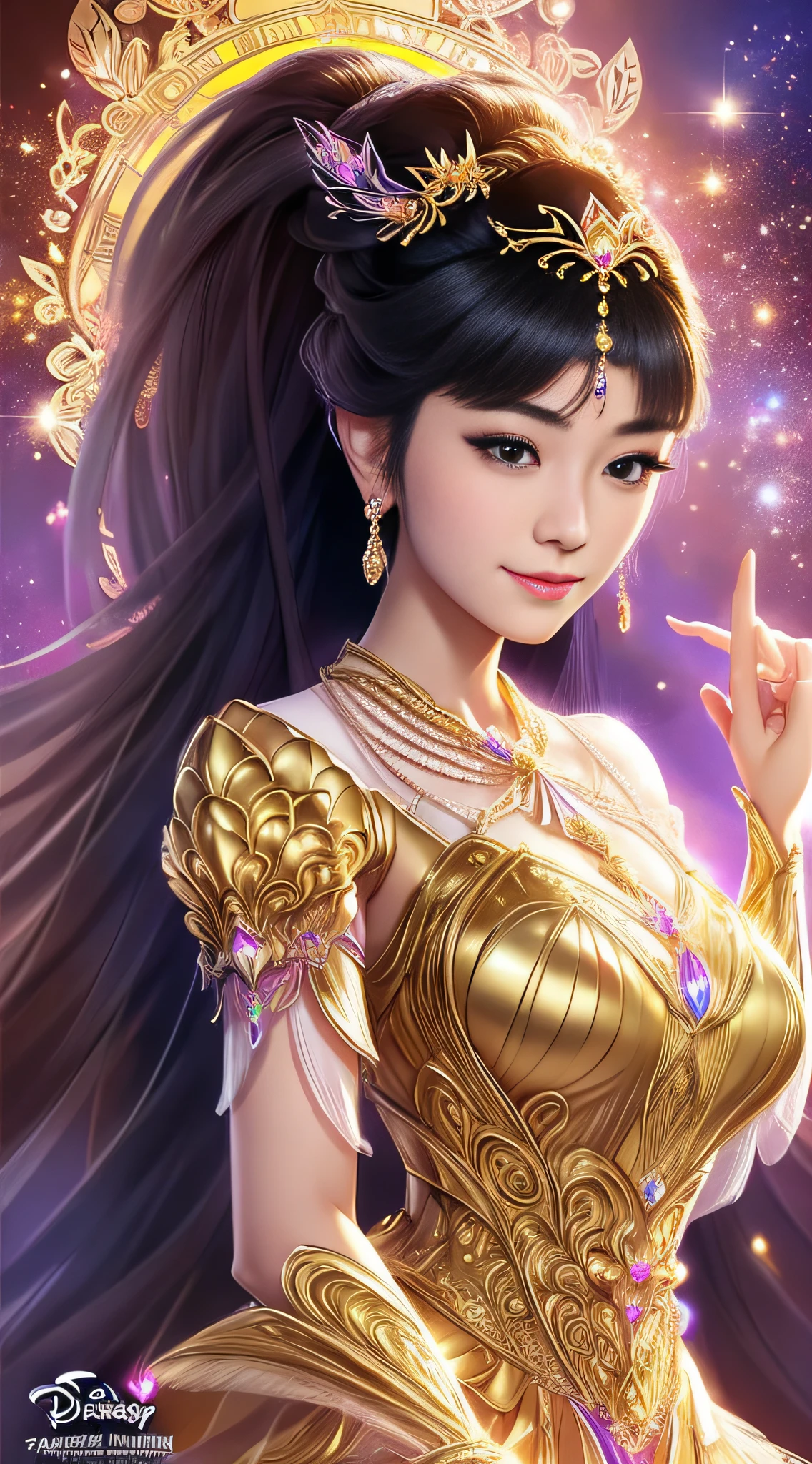 Beautiful princess disney style, (Intricate:1.2), ultra detailed golden filigree by candlelight, golden hour, smile, by Kazuya Takahashi, Sakimichan, Hajime Sorayama, Murata Range, Pixiv contest winner, Disney princess style, digital art, official art, digital painting, decorated poster --auto --s2