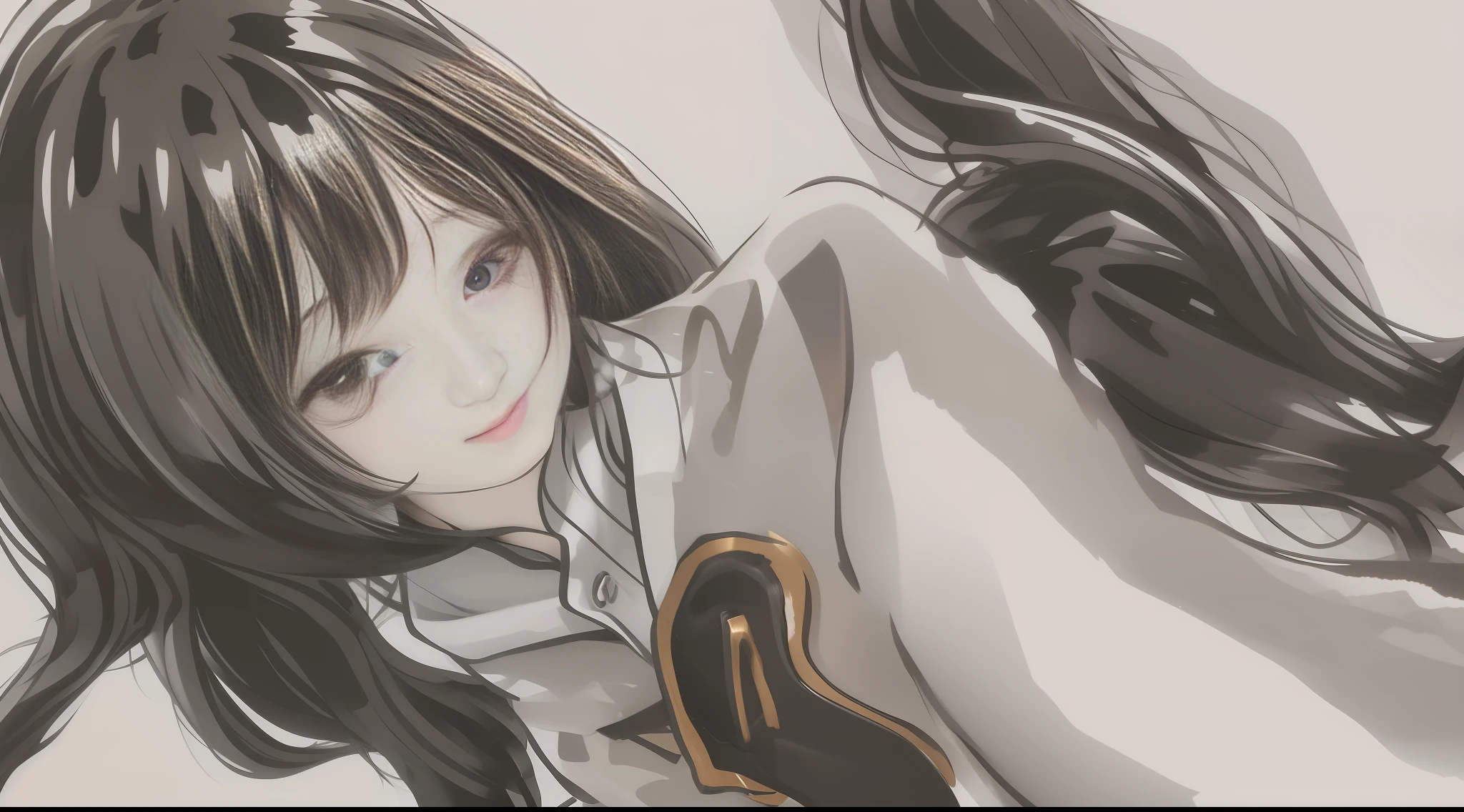 4k,masterpiece,best quality,shuimobysim,1 girl,protrait,smiling,long hair,black and white
