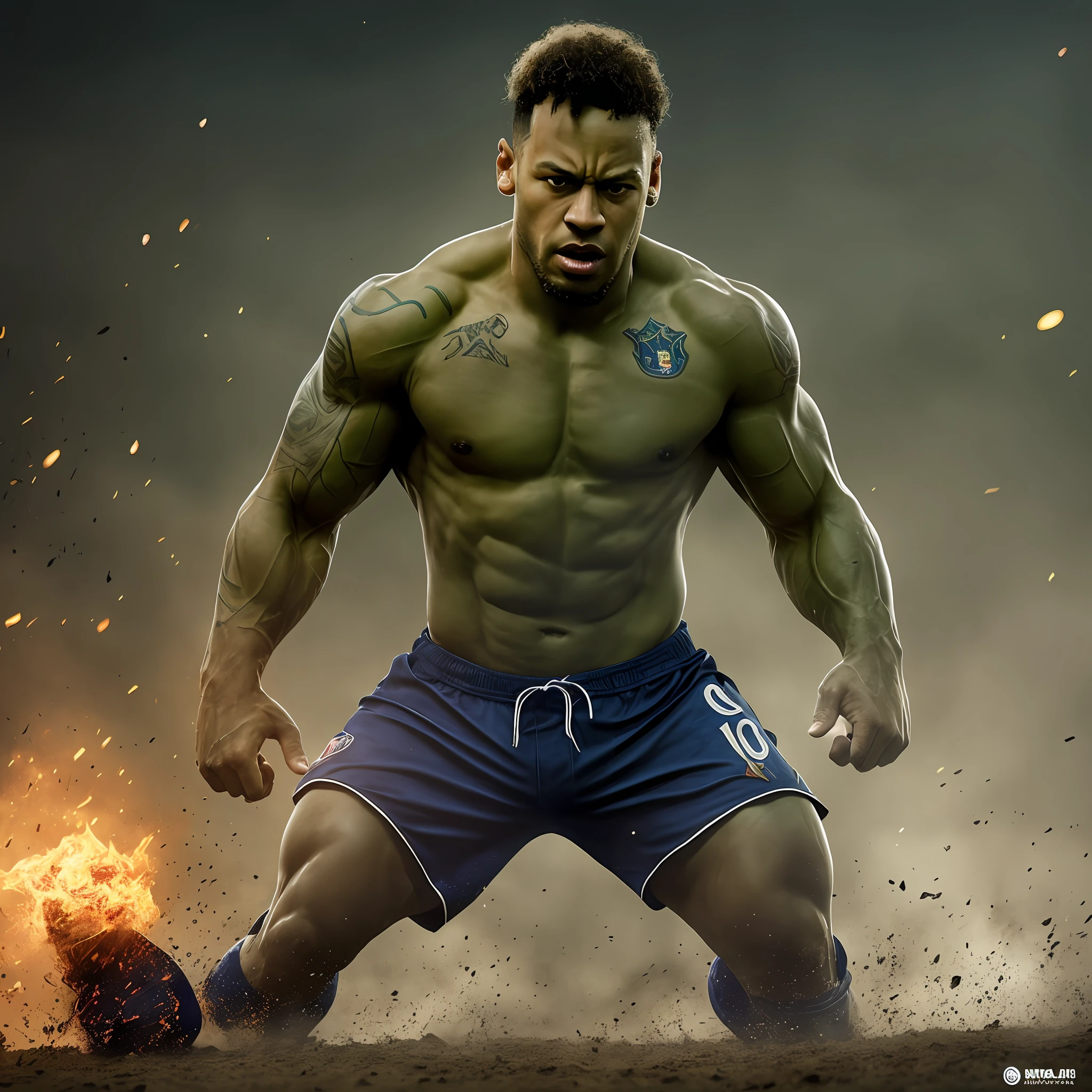Ultra realistic photo of Neymar Jr with the appearance of a Hulk, full body, furious, epic, with soft lighting and delicate details, cinematic capture in 16K to suit the trend of Octane and Artstation. --auto --s2