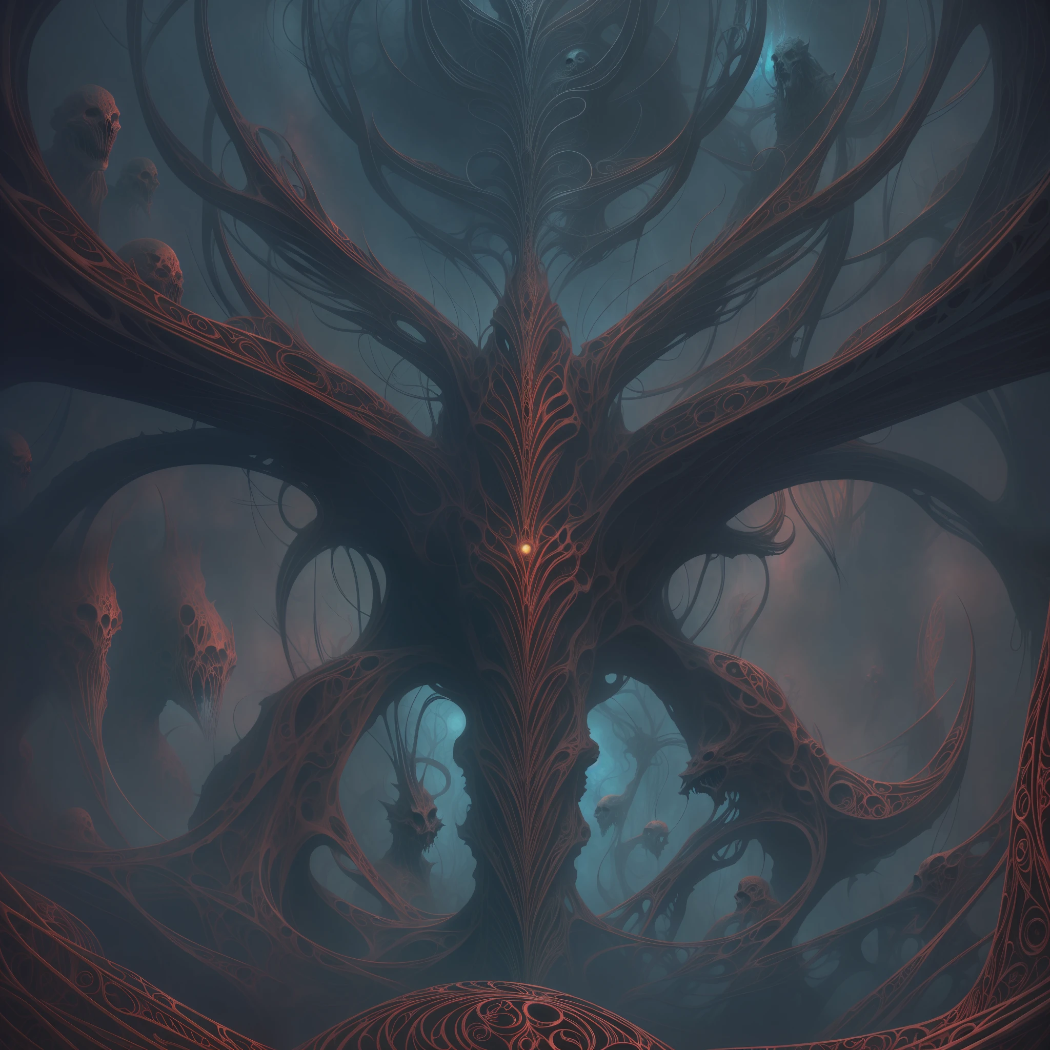 An association of biomorphic biomechanical satanic humanoid Gods whos bodies are made from the entire cosmos are gathered together in contemplation of the whole of all, style Dan Seagrave, digital painting, color drawing, sketch color drawing, horror art, dark colors