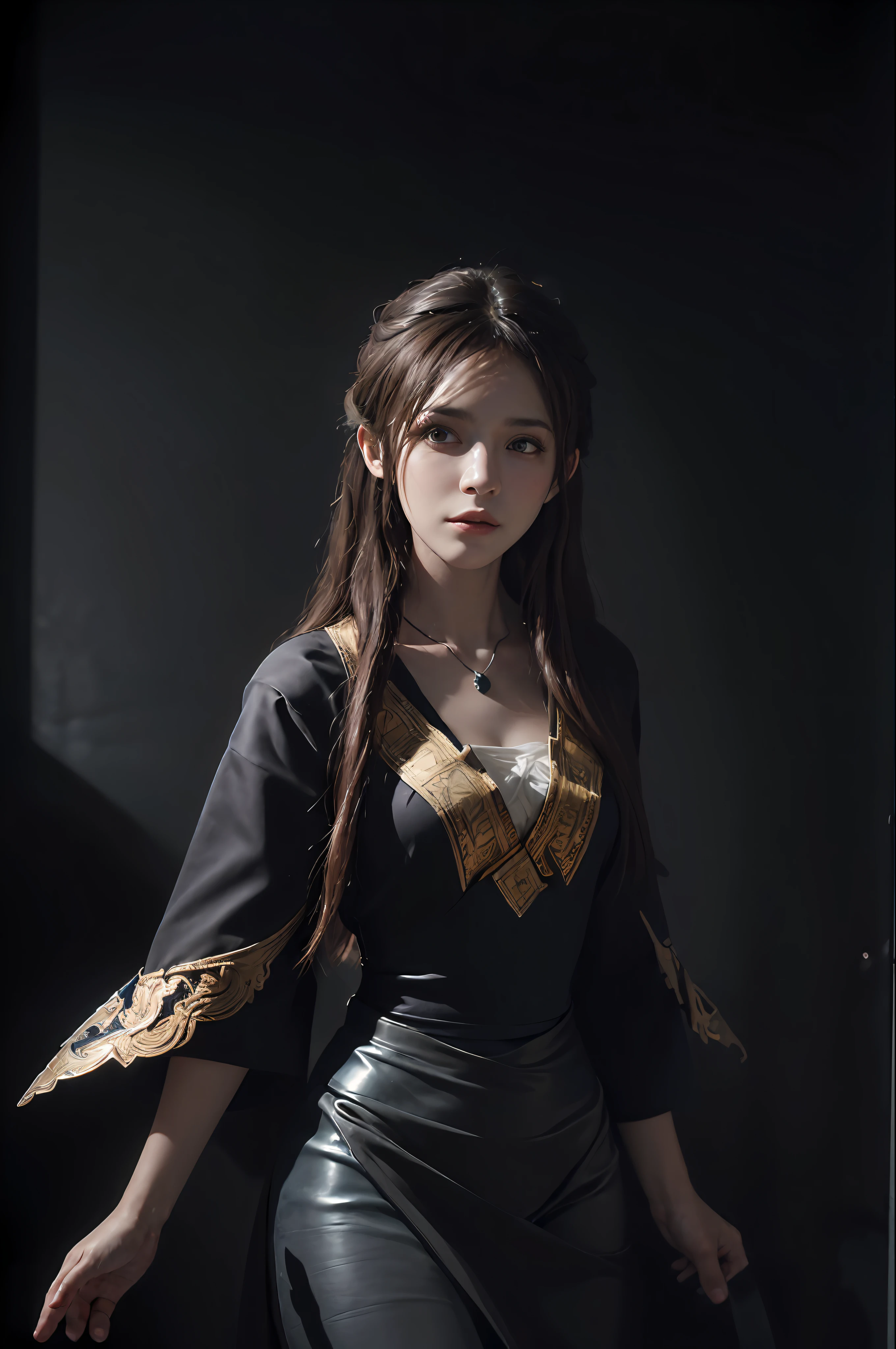 (front focus), (in the dark:1.6), Hyperrealist portrait of female by david hockney and alphonse mucha, fantasy art, photo realistic, dynamic lighting, artstation, poster, volumetric lighting, very detailed faces, 4 k, award winning, 1girl, in the dark, deep shadow, low key, cowboy shot, (official clothing:1.4), long hair, white hair