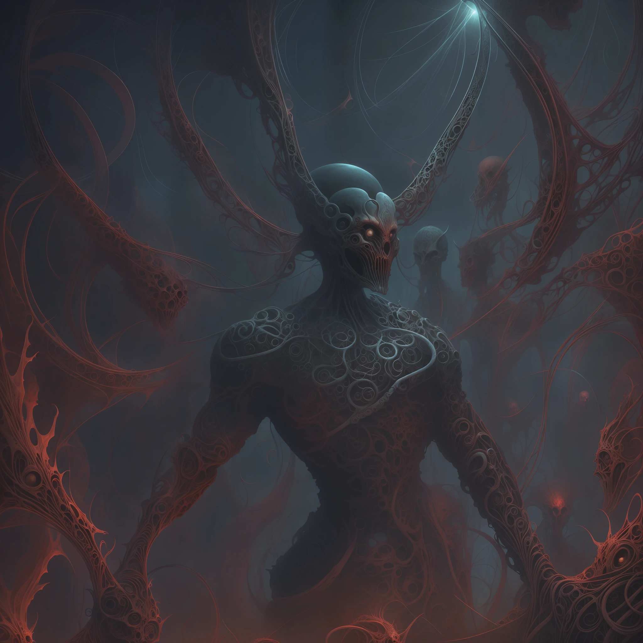 An association of biomorphic biomechanical satanic humanoid Gods whos bodies are made from the entire cosmos are gathered together in contemplation of the whole of all, style Dan Seagrave, digital painting, color drawing, sketch color drawing, horror art, dark colors