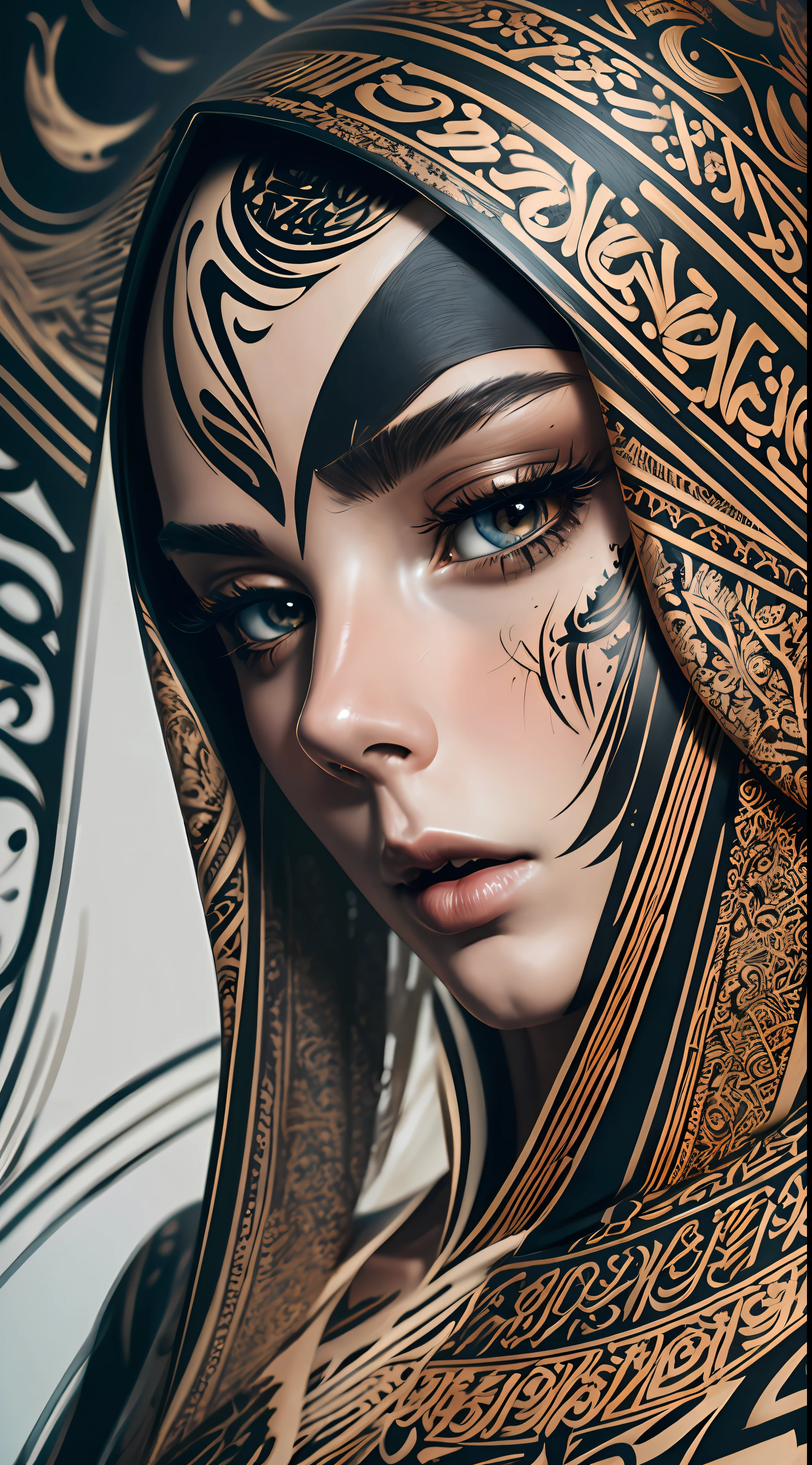 masterpiece, calligraphy art, calligraphy, modern art, brush strokes, intricate face macro, close up, perfect face , natural skin, surreal, fashion photography, abstract, absurd resolution