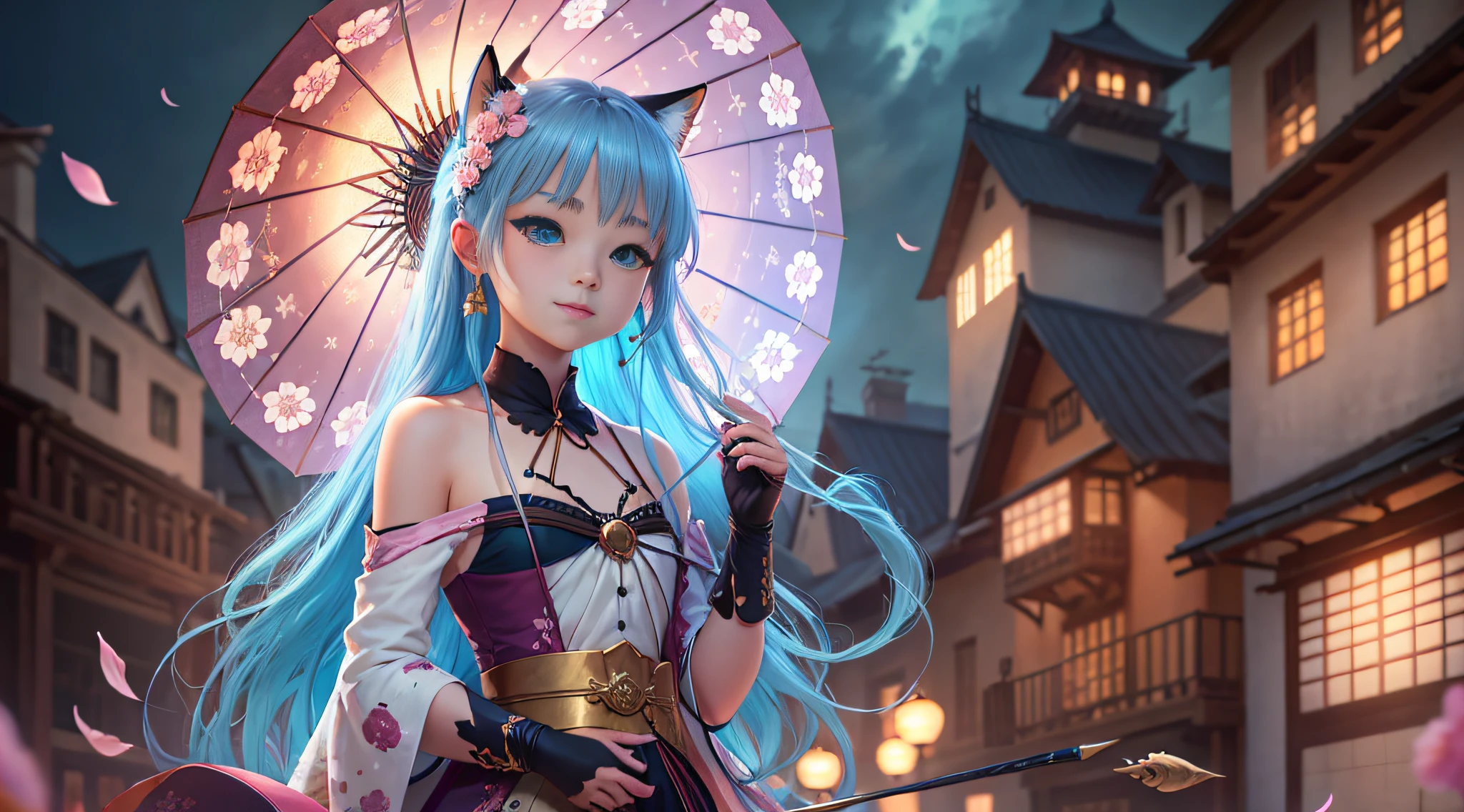 Flat chest, singleperson, Shoujo, highly detailed, {best quality, original, extremely detailed 8K wallpaper, beautifully detailed eyes, highest quality, master's work, extremely detailed 8K wallpaper, blue eyes, blue long hair, Long hair fluttering in the wind, smiles, Turquoise Hanfu, red eyeshadow, Fox mask, Shoulders exposed, Black gloves, Golden hairpin, Chinese Loft, night view, starry, the bell, Fluttering pink petals, Courtyard, paper umbrella, eardrop, applique, beads, sequins, ribbon, illustration, cinematic lighting, illustration, masterpiece, highres, masterpiece, best quality, masterpiece