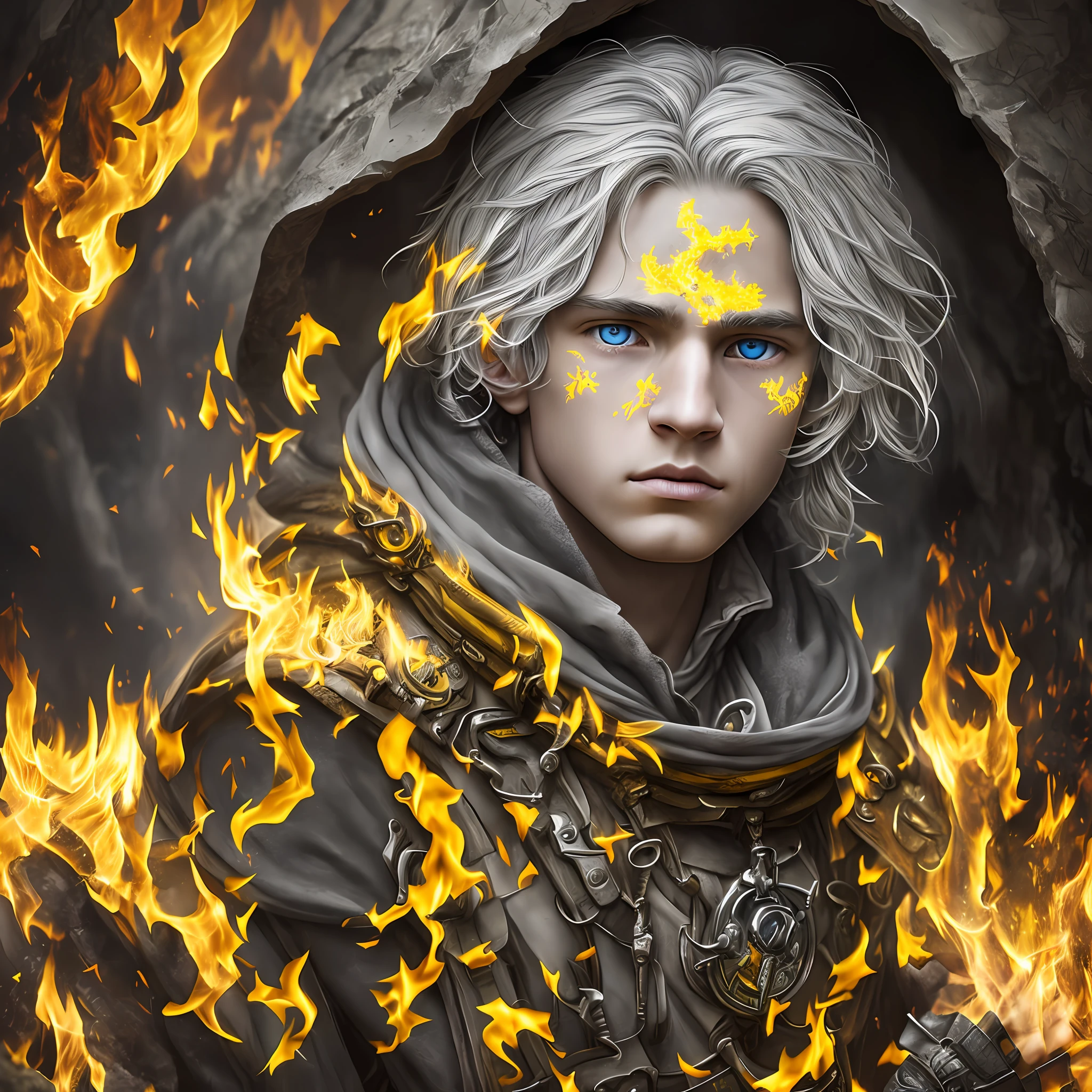 Drawing, fantasy, realism, high detail, solo guy (detailing), ((with light gray hair)) (hair detailing), ((yellow frightened eyes)), (face detailing), (clothing detailing), hands covered with fire, absorbs fire, cave, (cave detailing), 8kk --auto --s2