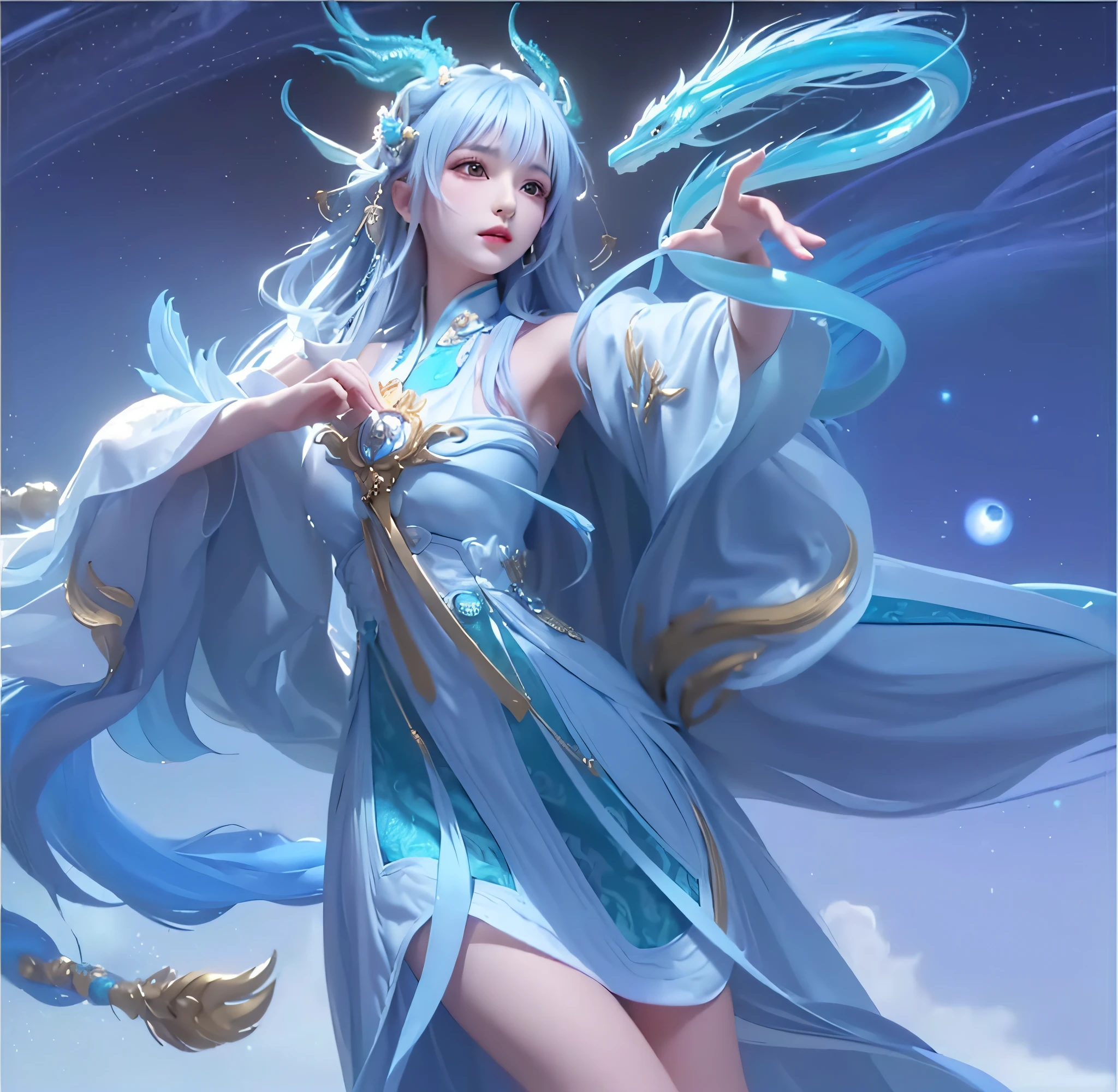 ((((Best Quality))),(((Ultra Detail))),(((Masterpiece))), Woman in Blue Dress Holding Blue and White Dragon, Beautiful Celestial Mage, Sea Queen Mu Yanling, Black Jade, White Haired God, Ice Witch, Dragon, Full Body Immortal, Immortal Fantasy, Ethereal Magic Robe, Yun Ling, Inspired by Lan Ying, Xian Xia Hero, Inspired by Ju Lian