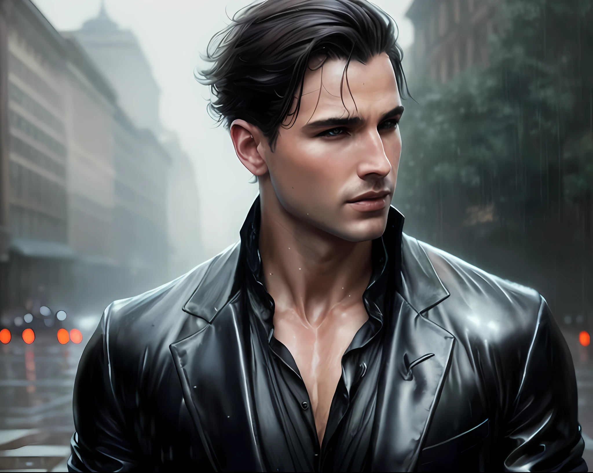 man in a leather jacket standing in the rain, handsome stunning realistic, fantasy male portrait, handsome male, profile shot, style of charlie bowater, handsome face, darius zawadzki and tom bagshaw, by Galen Dara