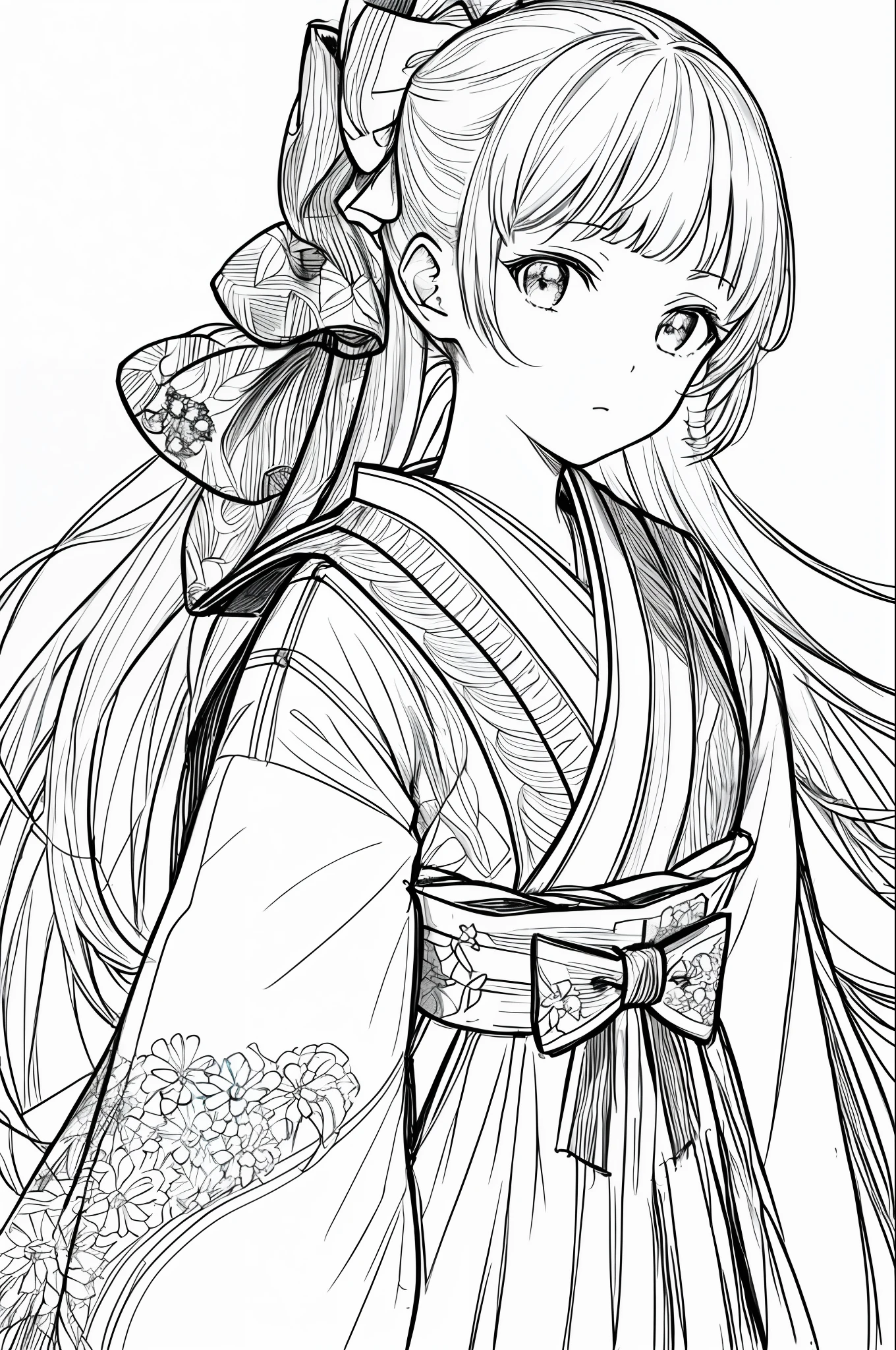 masterpiece, best quality, 1girl, solo, japanese clothes, bow-shaped hair, simple background, white background, monochrome, lineart, ((sketch))