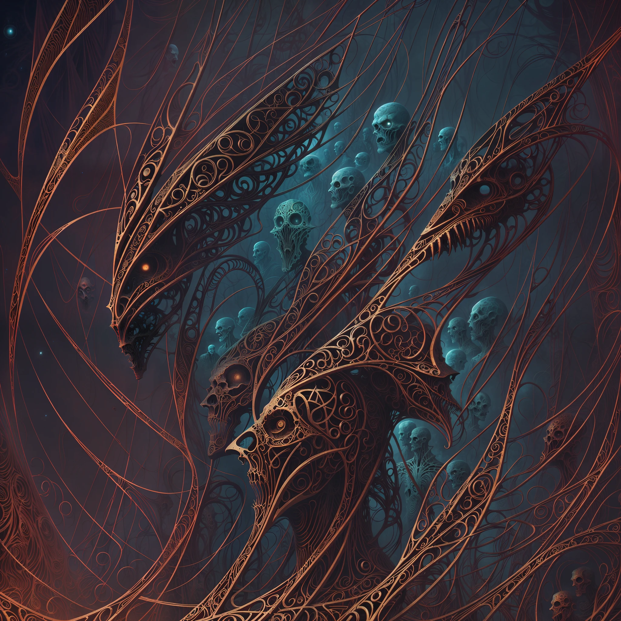 An association of biomorphic biomechanical satanic humanoid Gods whos bodies are made from the entire cosmos are gathered together in contemplation of the whole of all, style Dan Seagrave, digital painting, color drawing, sketch color drawing, horror art, dark colors