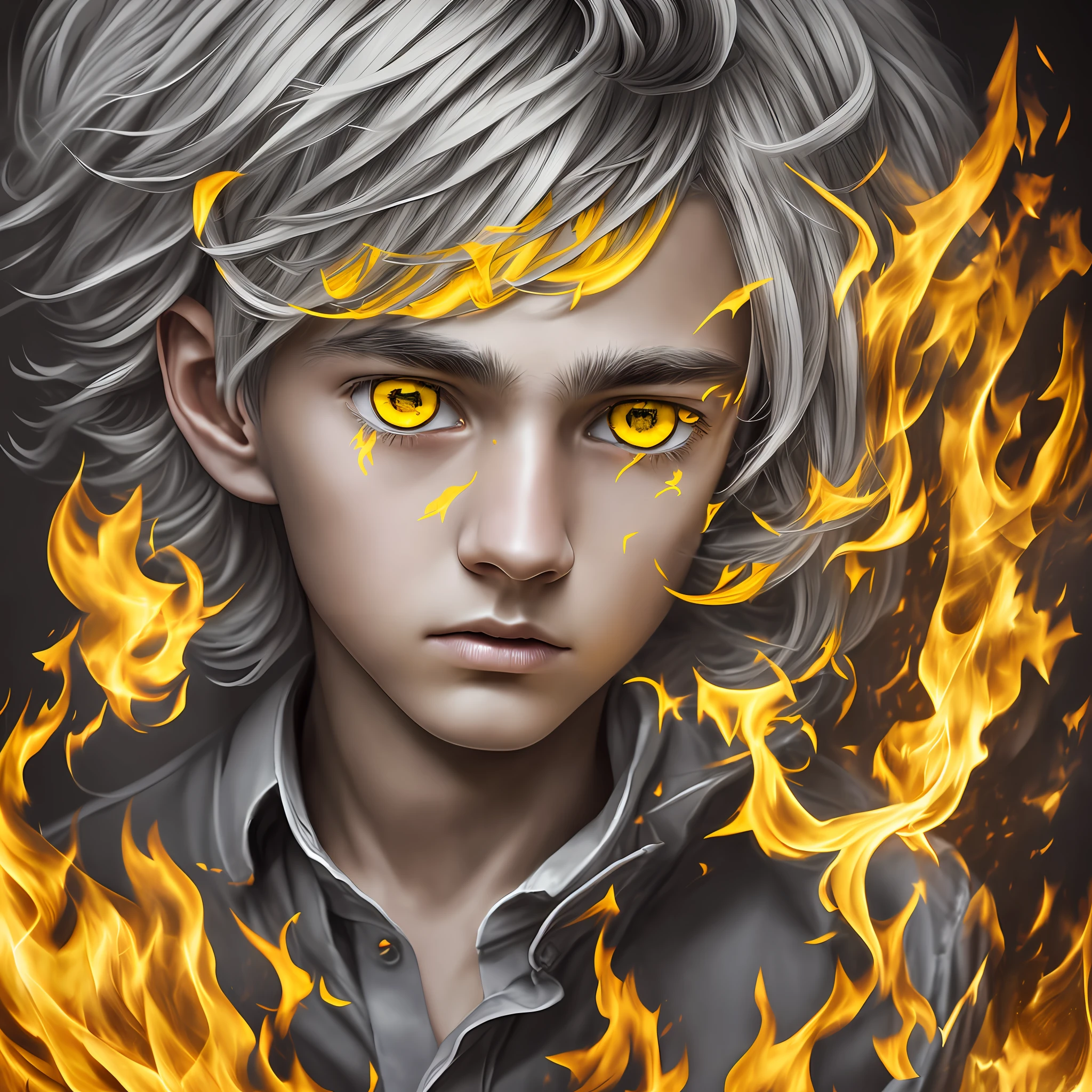 Drawing, fantasy, realism, high detail, portrait, guy 13 years old (detailing), ((with light gray hair)), ((yellow frightened eyes)), (face detailing), in a shirt and trousers (detailing clothes), hands covered with fire, cave, 8kk --auto --s2