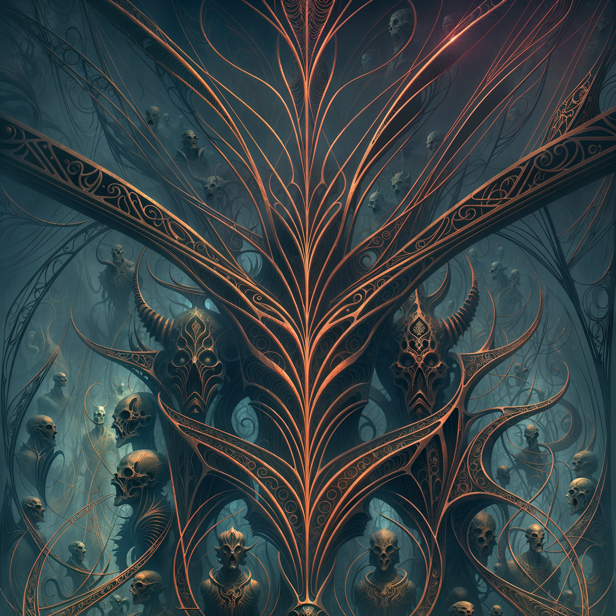 An association of biomorphic biomechanical satanic humanoid Gods whos bodies are made from the entire cosmos are gathered together in contemplation of the whole of all, style Dan Seagrave, digital painting, color drawing, sketch color drawing, horror art, dark colors