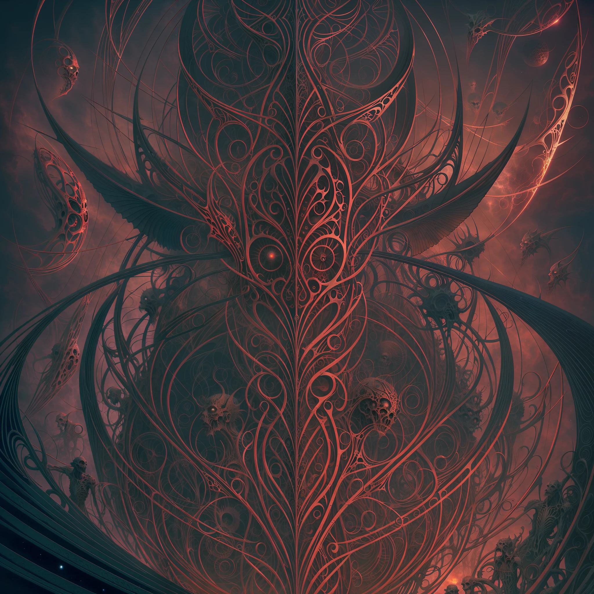 An association of biomorphic biomechanical satanic humanoid Gods whos bodies are made from the entire cosmos are gathered together in contemplation of the whole of all, style Dan Seagrave, digital painting, color drawing, sketch color drawing, horror art, dark colors