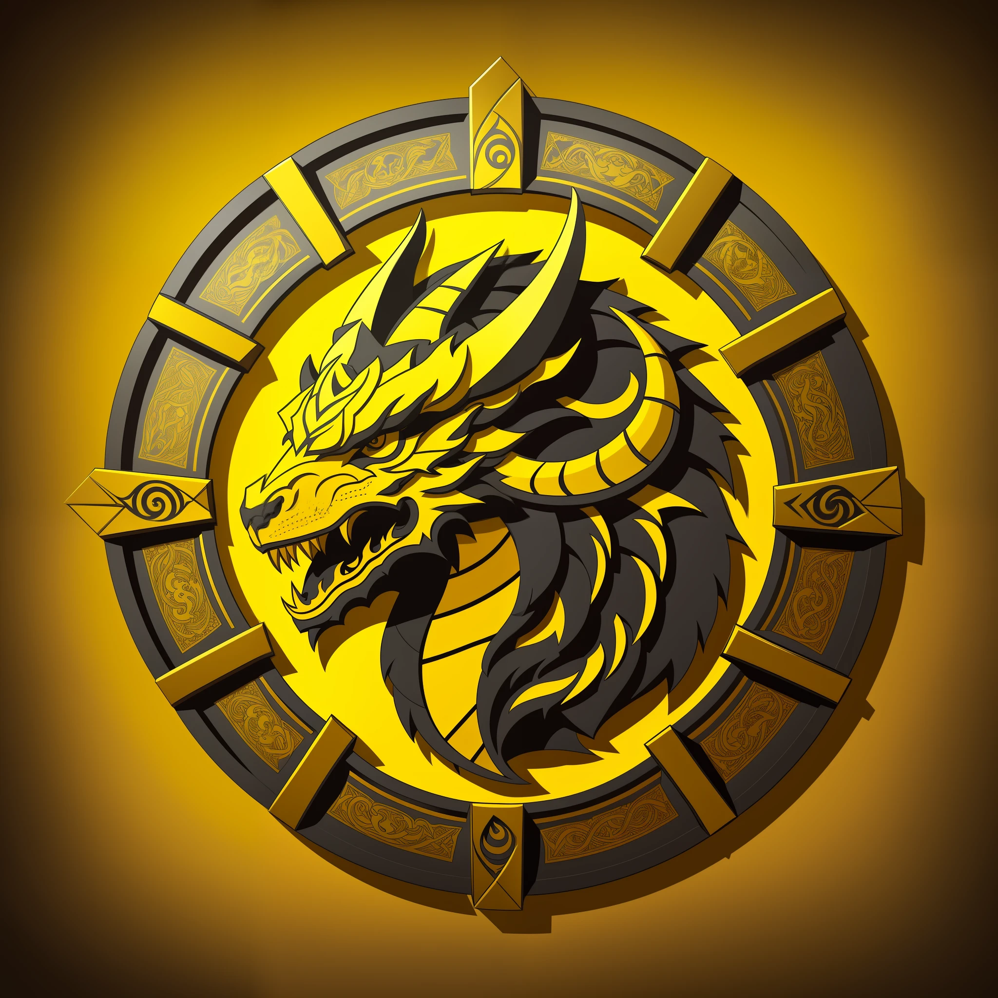 A vector logomark of a dragon's head with two horns, an isometric view, a black and yellow palette, placed inside a circular background, simple, beautiful, smooth, and have a sharp outline.