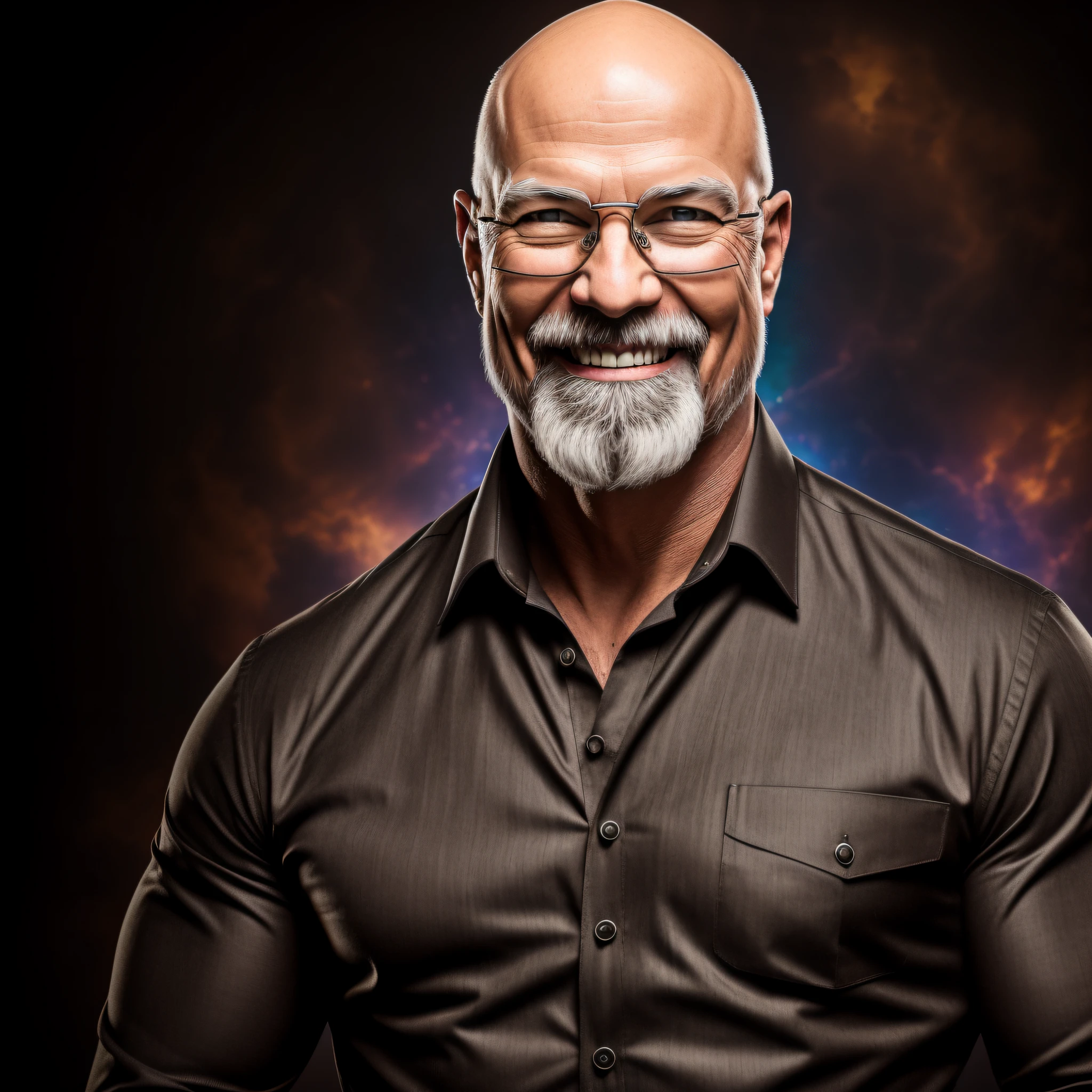 A portrait of a smiling, toxic, muscular, God, Elder, (HDR:1.28), bald, wearing prescription glasses and wearing black, hyperdetailed, cinematic dress shirt, warm lights, complex details, hyperrealistic, dark radial background, (soft colors:1.38), (neutral colors:1.2), with dark brown eyes, without many expression marks
