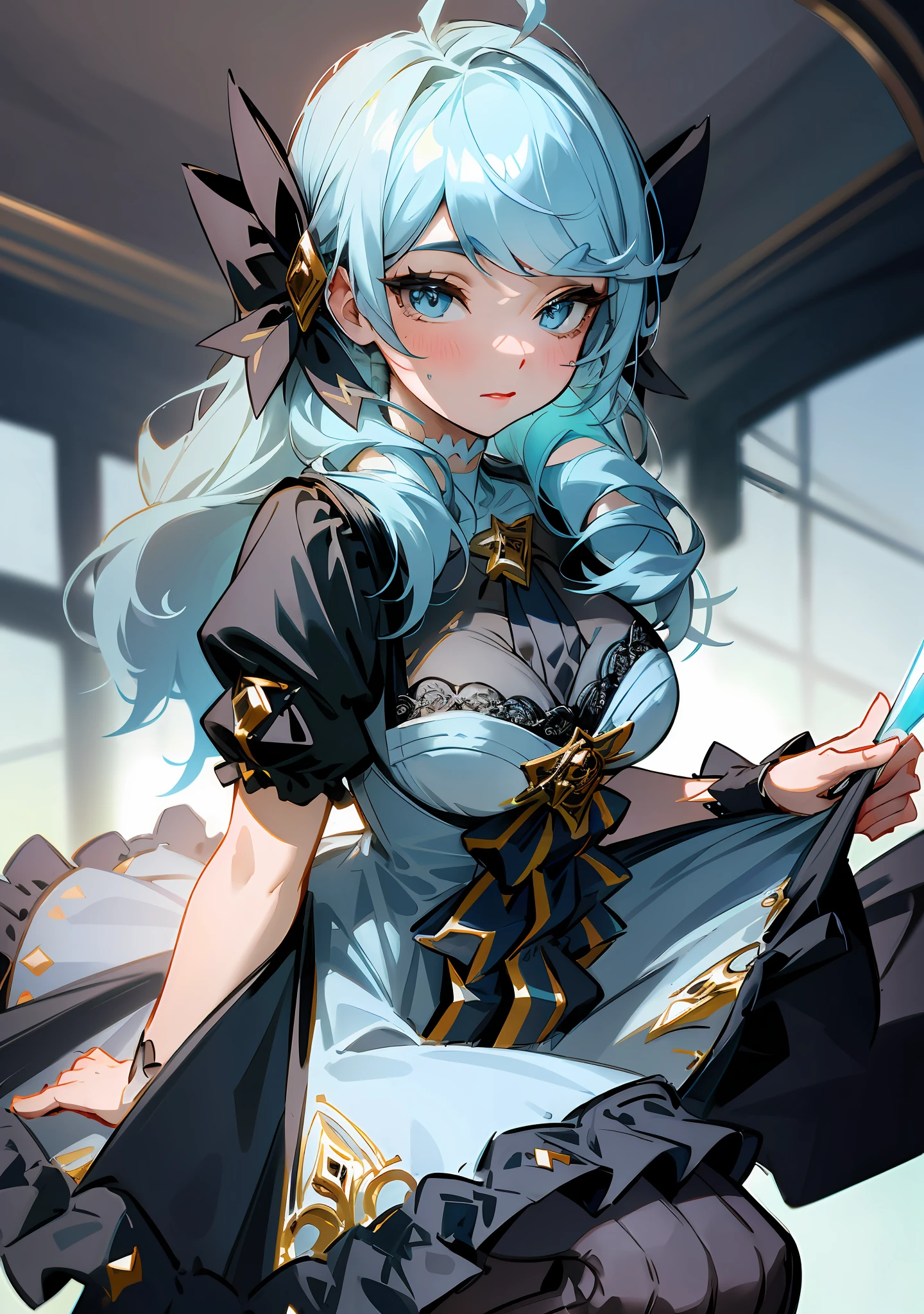 Main colors: blue, large elevation angle, elevation angle, scenery under skirt, angle in skirt, candid shot, shy expression, gray leggings under skirt, extremely beautiful, glowing skin, studio lighting, 8k, (Super detailed skin details: 1.3), super detailed eyes, huge lace, gorgeous decoration, ta skirt decoration, cute Gwen wearing a blue double-tailed wig, wearing a Victorian style blue and black Loliress with a gorgeous tailor-made bow, wearing black thigh-exposed stockings with stitching, her pupils are button-shaped, emitting a blue halo, and her weapon is a huge crystal scissors that emits a light blue light.
