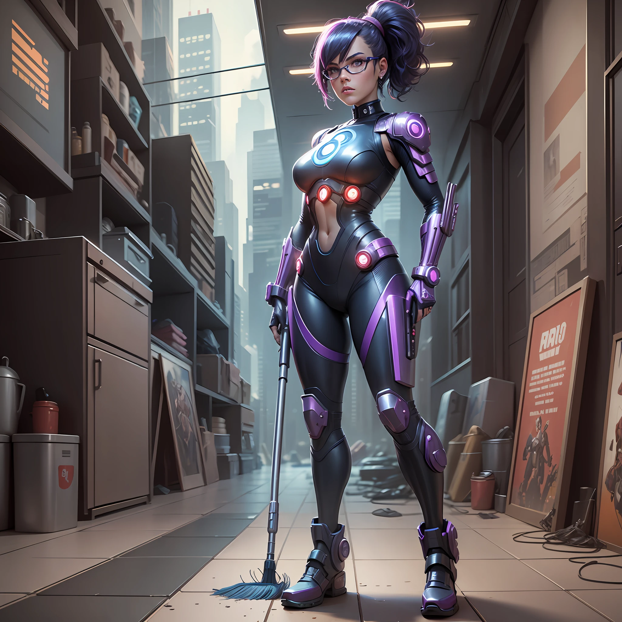 a portrait irongirl sweeping the house, style pixar, cyberpunk --auto --s2