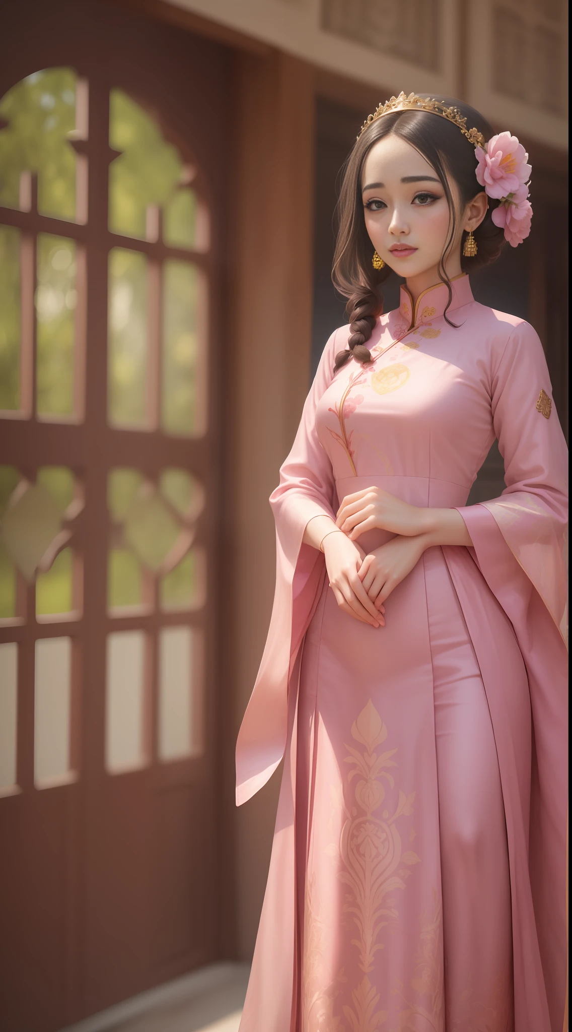 a woman in a pink dress standing in front of a bush, dilraba dilmurat, nivanh chanthara, wearing beautiful clothes, in style of lam manh, idian dress, very beautiful enga style, wearing a kurta, traditional beauty, wearing a silk kurta, with lovely look, ao dai, beautiful asian girl, wearing gorgeous clothing