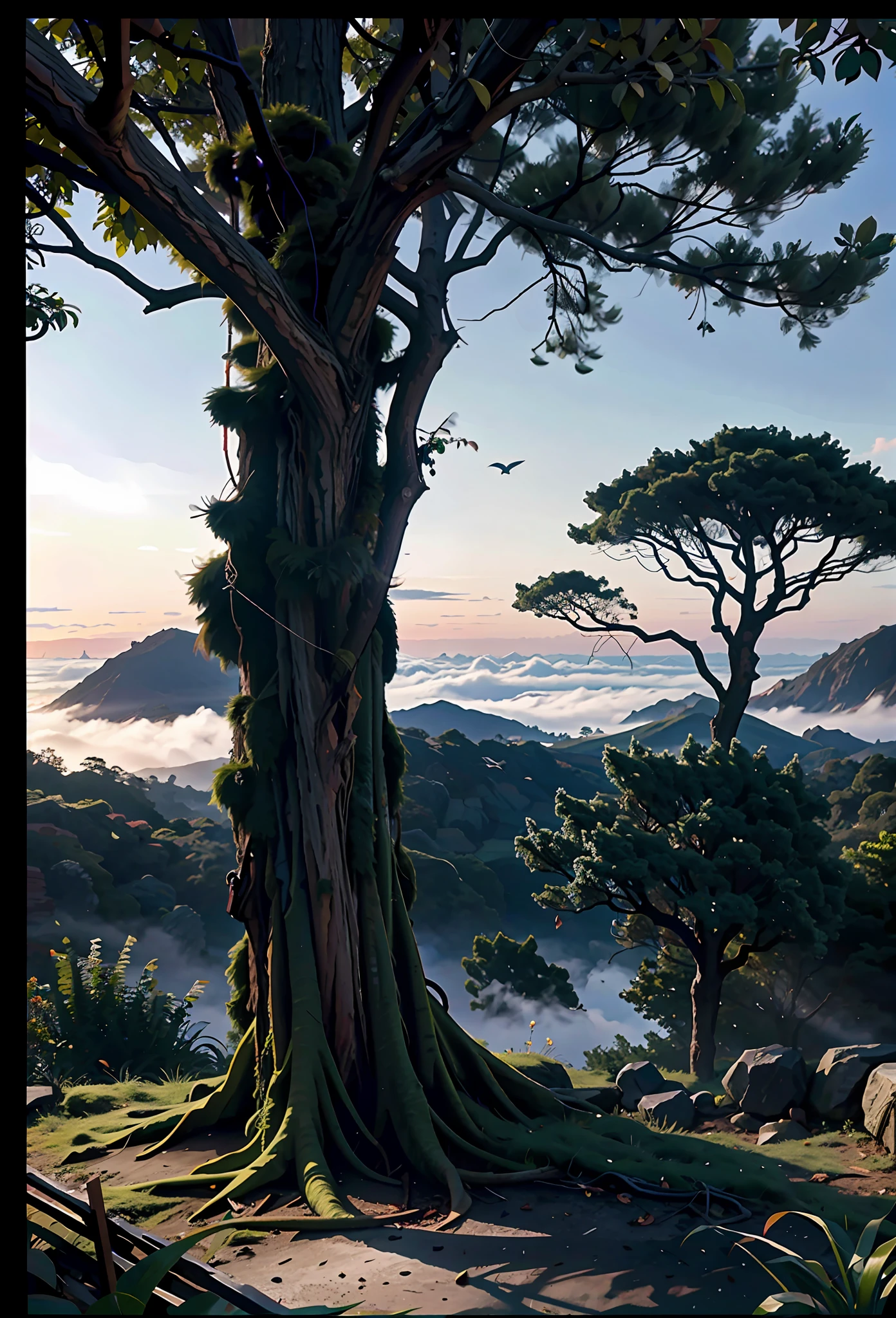 DSLR RAW filmgrain photo, shot on iphone, photography, edited in Adobe Lightroom, ancient giant tree in the deep jungle, birds in the branches, fog at dawn, beautiful scenery