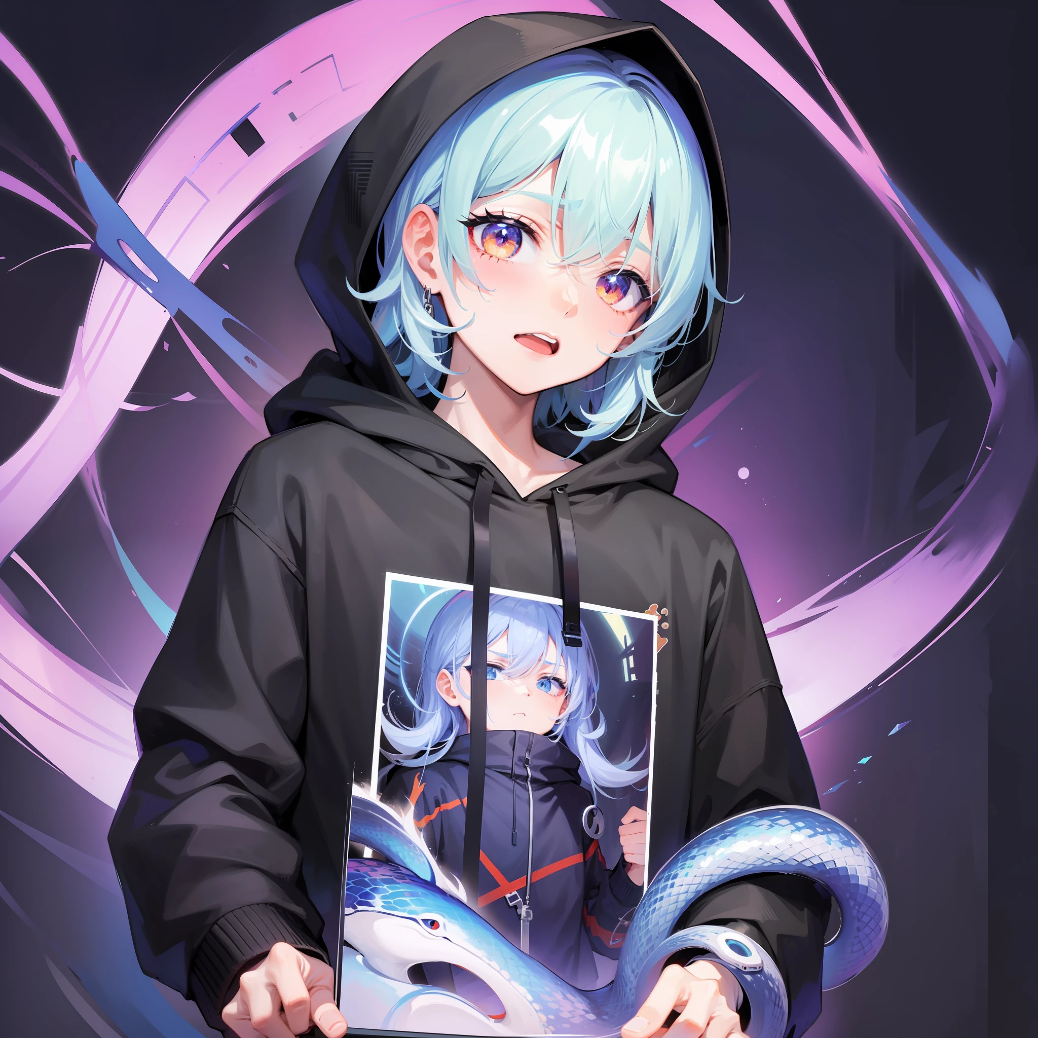 Boy in hoodie with index finger to mouth, facing camera, upper body, snake sticker, key anime art, projectile on broken digital art, anime art wallpaper 8K, anime style 4K, badass anime 8K