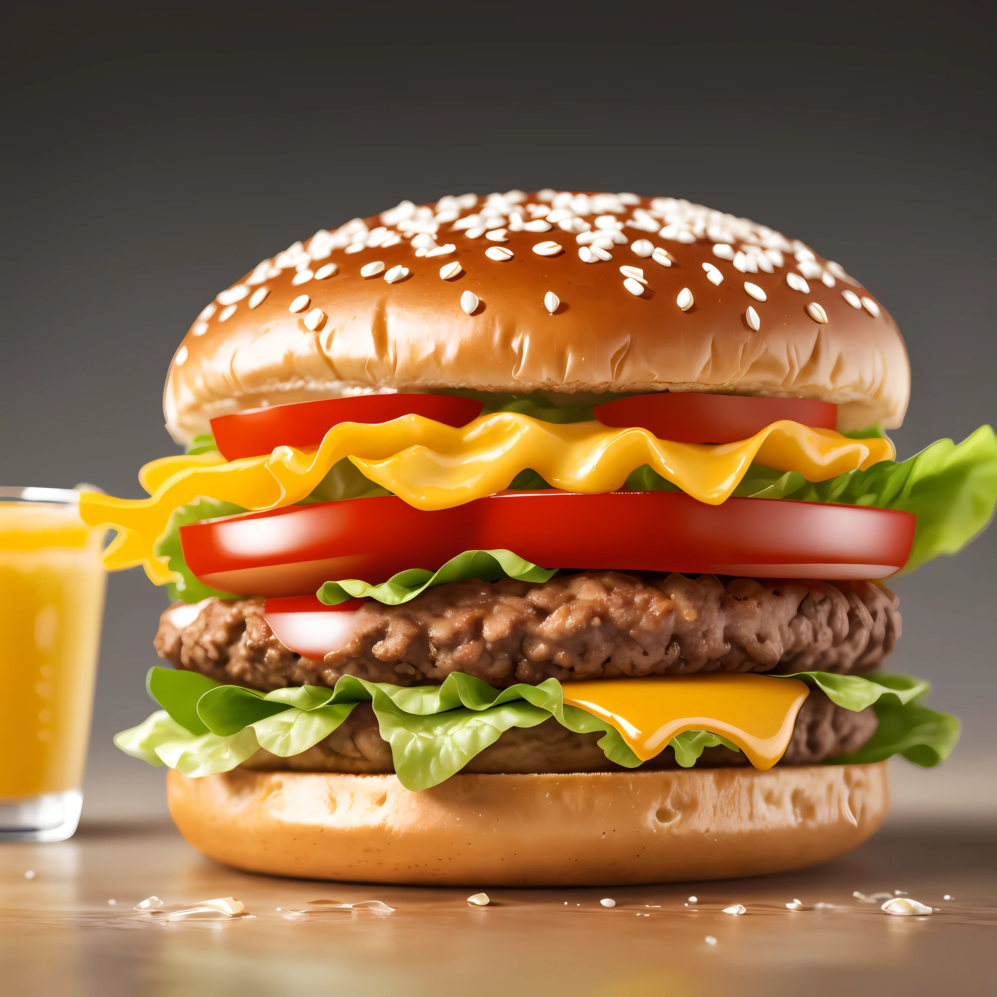 a closeup of a burger with cheese, tomato, lettuce and a drink, super realistic food image, cheeseburger, juicy burger, a hyper realistic, high quality food photography, hamburger, serving big macs, big macs, hyper realistic", hyper realistic", hamburger, "hyper realistic, commercial food 4 k, photo bank, hamburger with human mouth, delicious burger with sesame seeds, with transparent background.