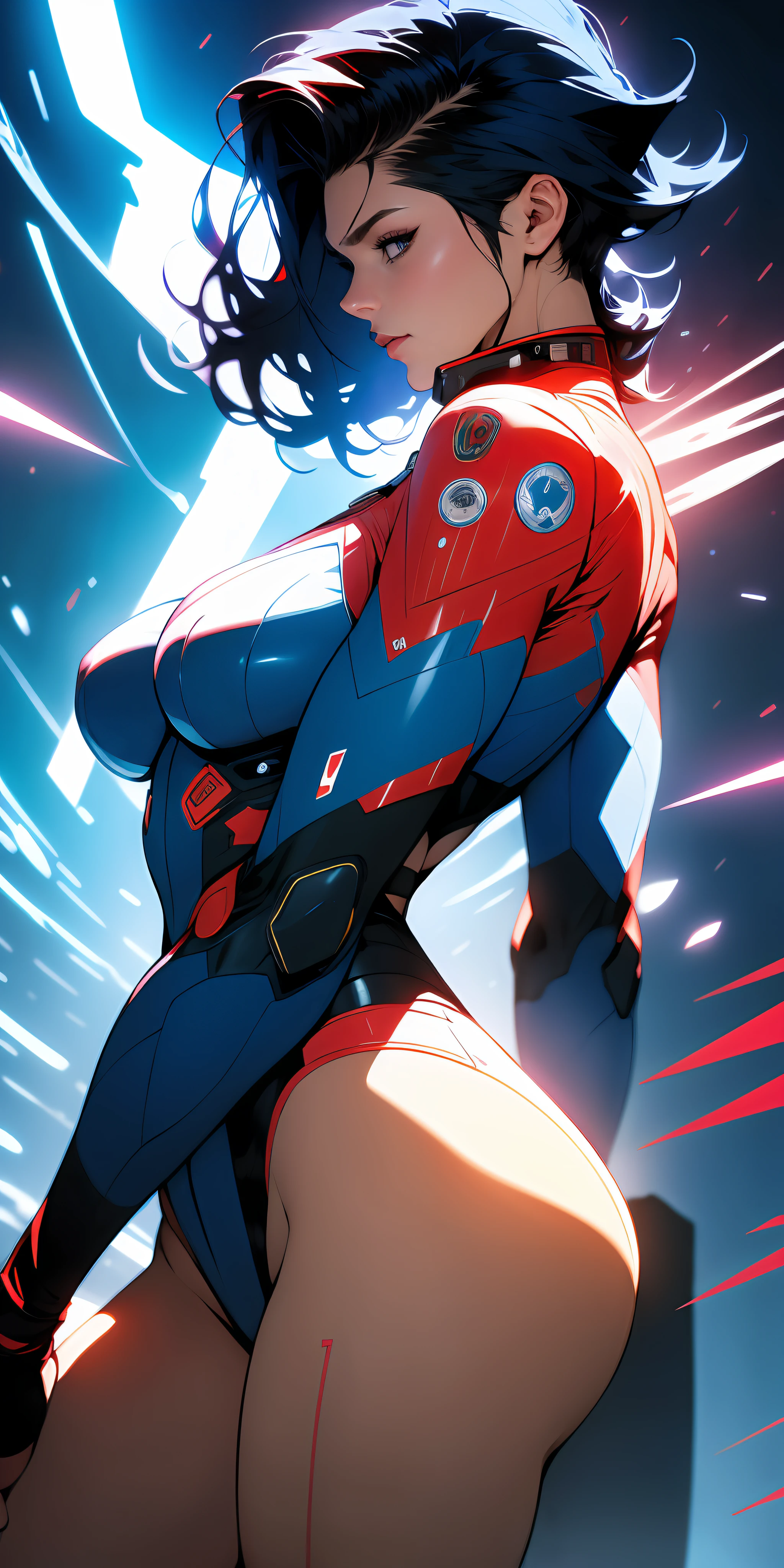 ((Best quality)), ((masterpiece)), (detailed: 1.4), (Absurd), Caucasian woman fighter pilot ready for war, Captain Britain from Marvel Comics, modern medieval armor, muscular sculptural body defined, half-thick bare thighs, closed mouth, only in panties, muscular body covered by technological clothing, Neon Genesis Evangelion style, cyberpunk, generous neckline, ((perfect large breasts)), (blue eyes without pupils), ((very dark red and blue clothing with white stripes)), (((clothing based on the flag of the United Kingdom)))), (((very short black hair, shaved on the sides)))), (thin white stripes left blue covering the breasts), (red and white stripes on the arms), ((lightning ray drawings on the arms)), long manga-style eyelashes, short underwear, garter belt, by mucha, niji --V5, next to the real one, psychopath, crazy face, sexy pose, background with a giant Gundam style robot head, 2 piece clothing, shoulder pads, airplane wings on the back, pastel, centered, scale to fit dimensions, HDR (High Dynamic Range),Ray Tracing,NVIDIA RTX,Super-Resolution,Unreal 5,Subsurface dispersion, PBR texture, Post-processing, Anisotropic filtering, Depth of field, Maximum clarity and sharpness, Multilayer textures, Albedo and specular maps, Surface shading, Accurate simulation of light-material interaction, Perfect proportions, Octane Render, Two-tone lighting, Wide aperture, Low ISO, White balance, Rule of thirds, 8K RAW, crysisnanosuit
