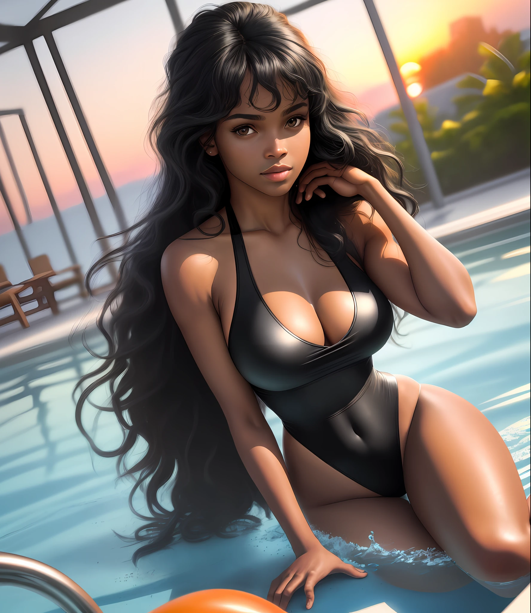 [:(face detailed:1.2):0.2], raw photo, (masterpiece), (best quality), high resolution, (realistic, photorealistic:1.2), ultra detailed, physical-based rendering, 1girl, black woman, upper body, low-cut, air bangs, sunset, long hair, ((black hair)), wavy hair, bare shoulders, open swimsuit, pool