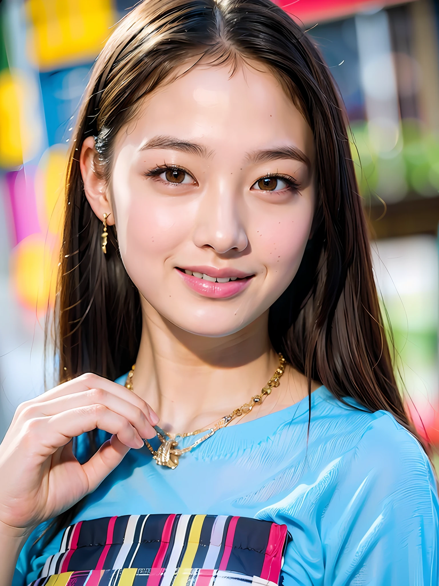 18 year old girl with perfect face and big breasts, right hand and hair, cute clothes, slim and slender physique. The skin has detailed and highly detailed eyes (1.1 emphasis), very detailed skin texture (1.1 emphasis). slender necklace, model photo style, photorealistic, skin texture is real human skin texture, detailed skin pores, intricate details, eyes very detailed, colorful hair and colorful dress, rossdraws pastel vivid, artgerm colorful!!!、! Dream art germ, highly detailed art germ, knee up, smile